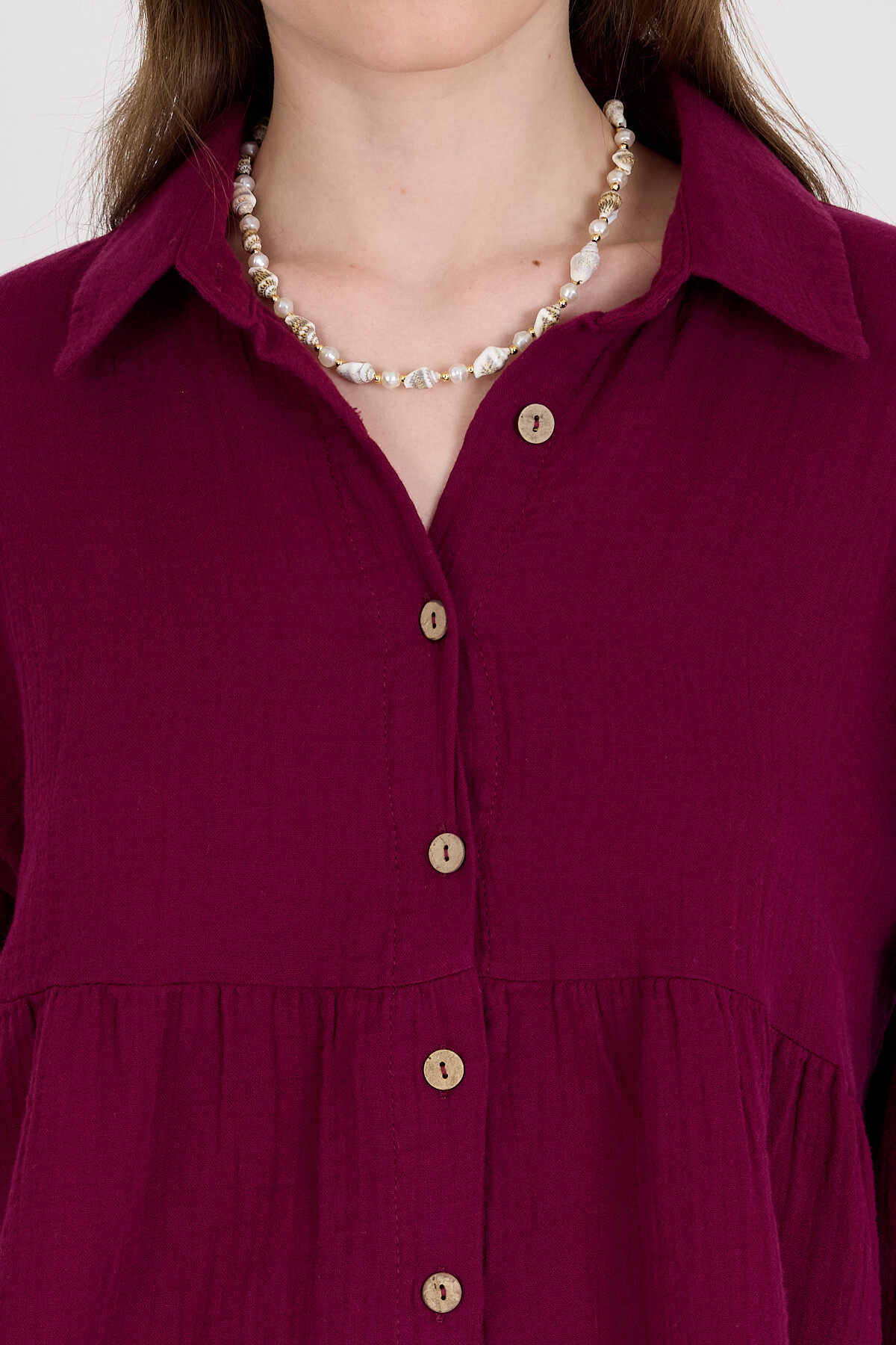 Bordo %100 Pamuk Keten Görünümlü Düğmeli Gömlek 4783A - 6