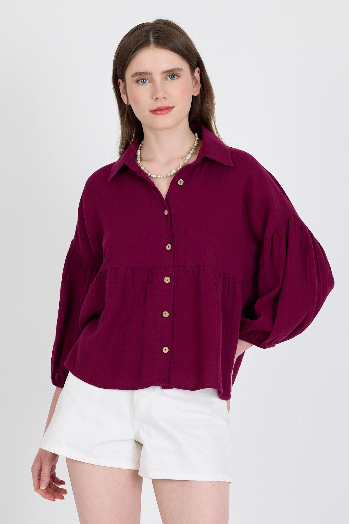 Bordo %100 Pamuk Keten Görünümlü Düğmeli Gömlek 4783A - 1