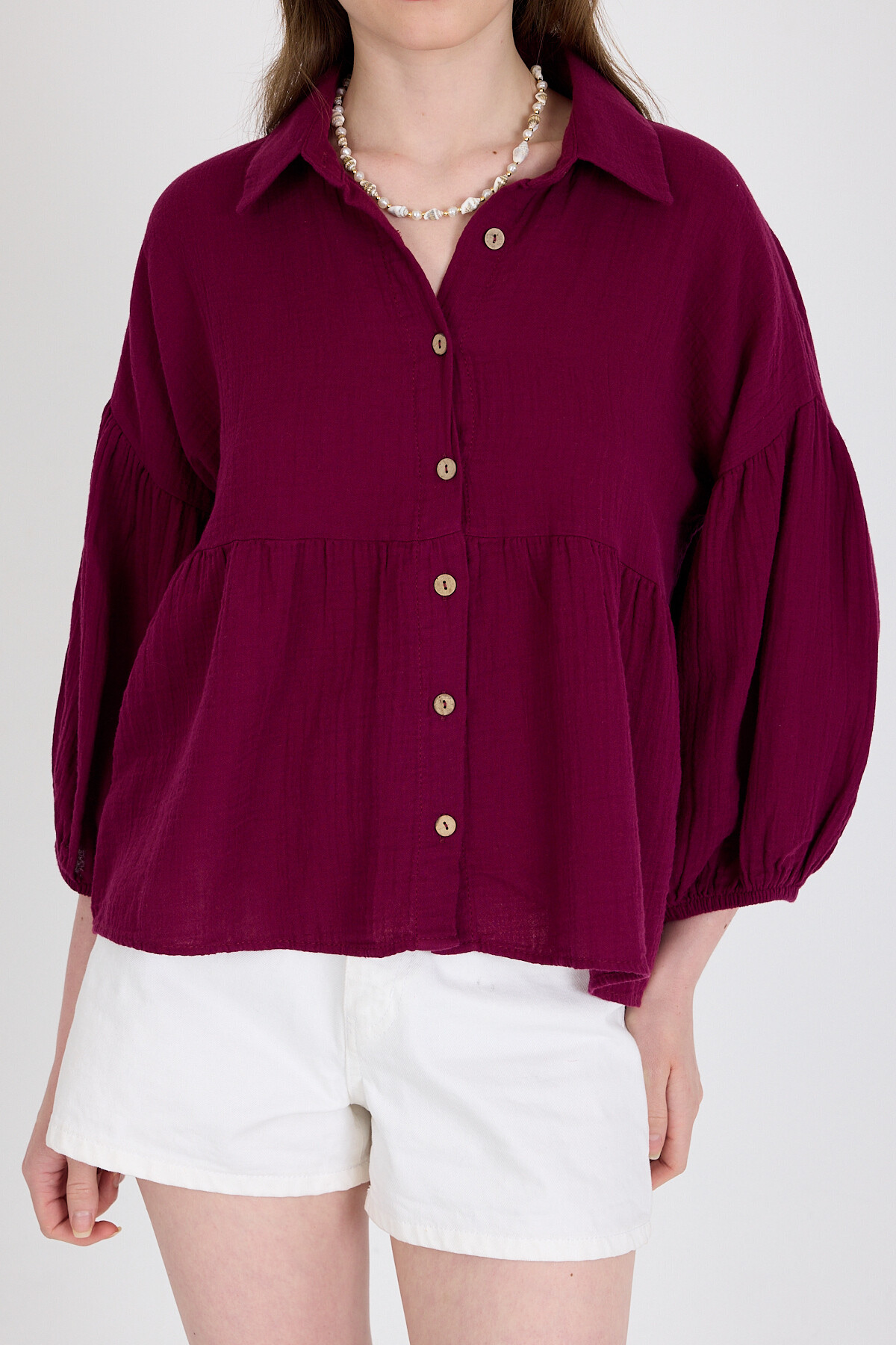 Bordo %100 Pamuk Keten Görünümlü Düğmeli Gömlek 4783A - 2