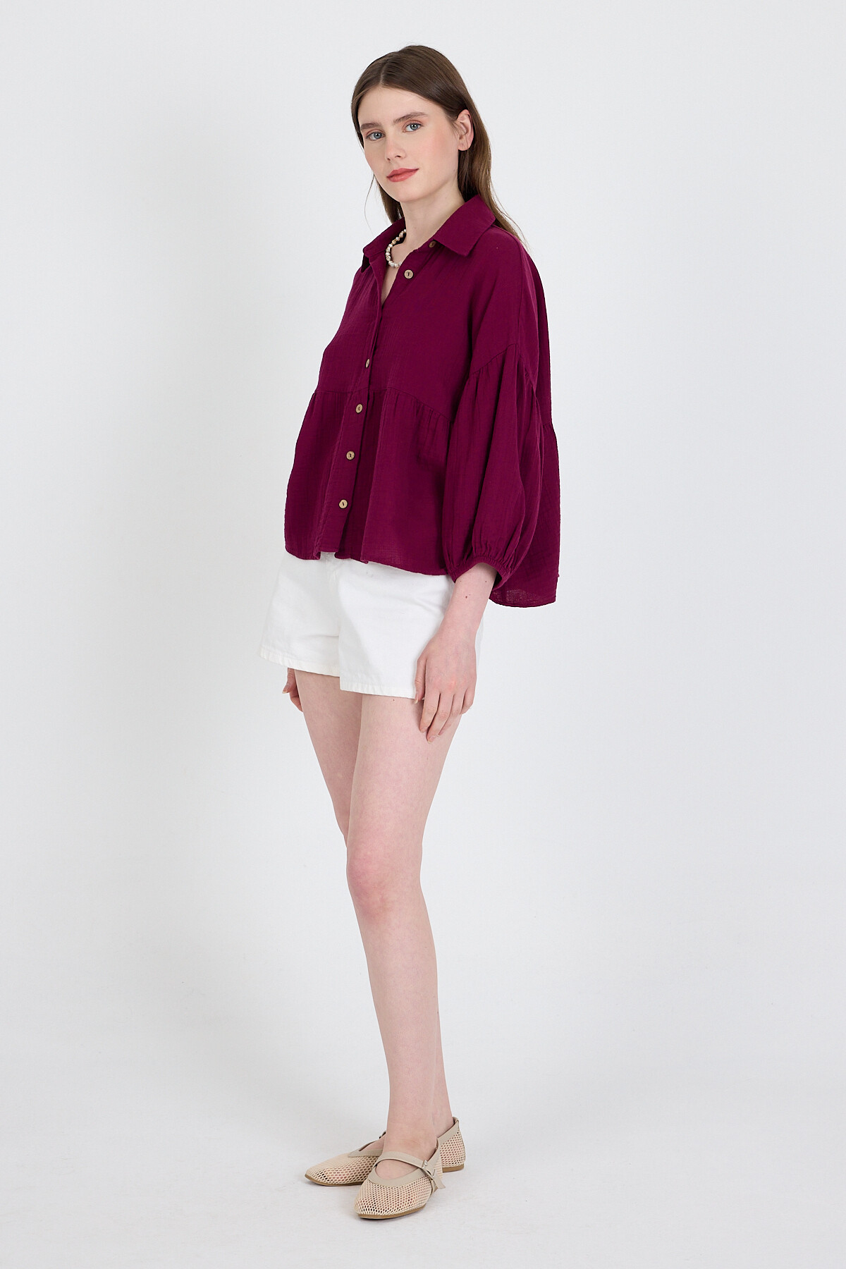 Bordo %100 Pamuk Keten Görünümlü Düğmeli Gömlek 4783A - 3