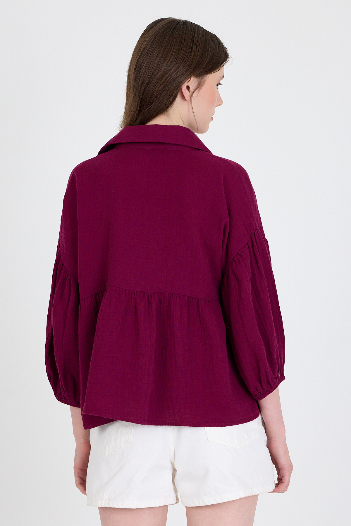 Bordo %100 Pamuk Keten Görünümlü Düğmeli Gömlek 4783A - 5