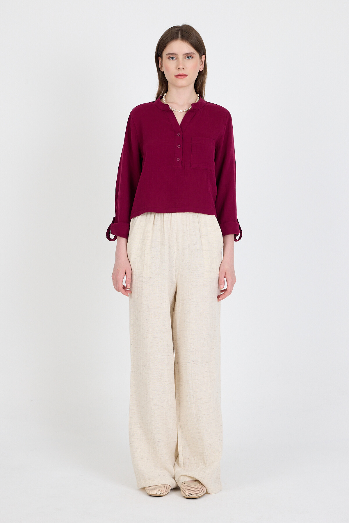 Bordo %100 Pamuk Keten Görünümlü Hakim Yaka Crop Gömlek 4702A - RAYS