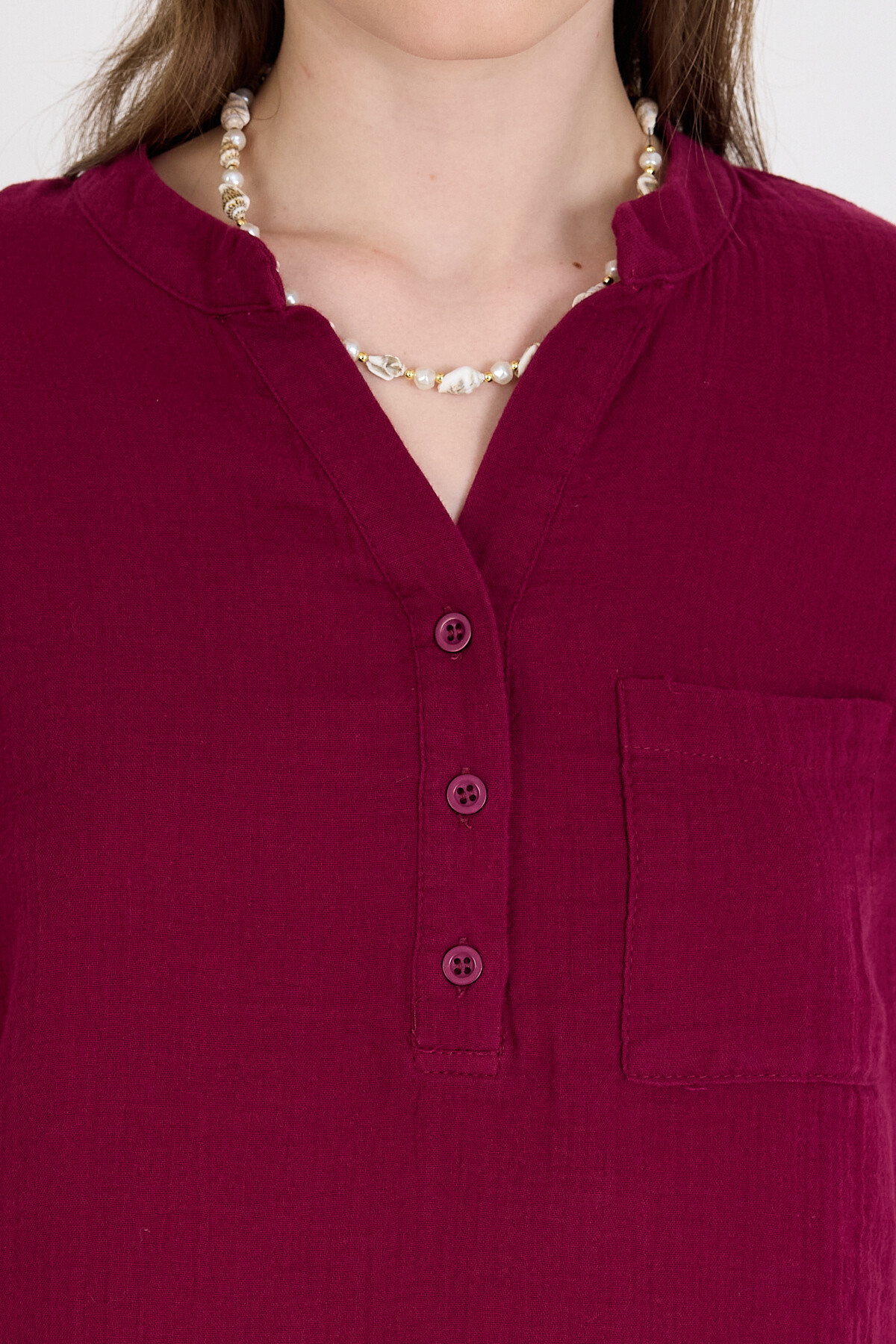 Bordo %100 Pamuk Keten Görünümlü Hakim Yaka Crop Gömlek 4702A - RAYS