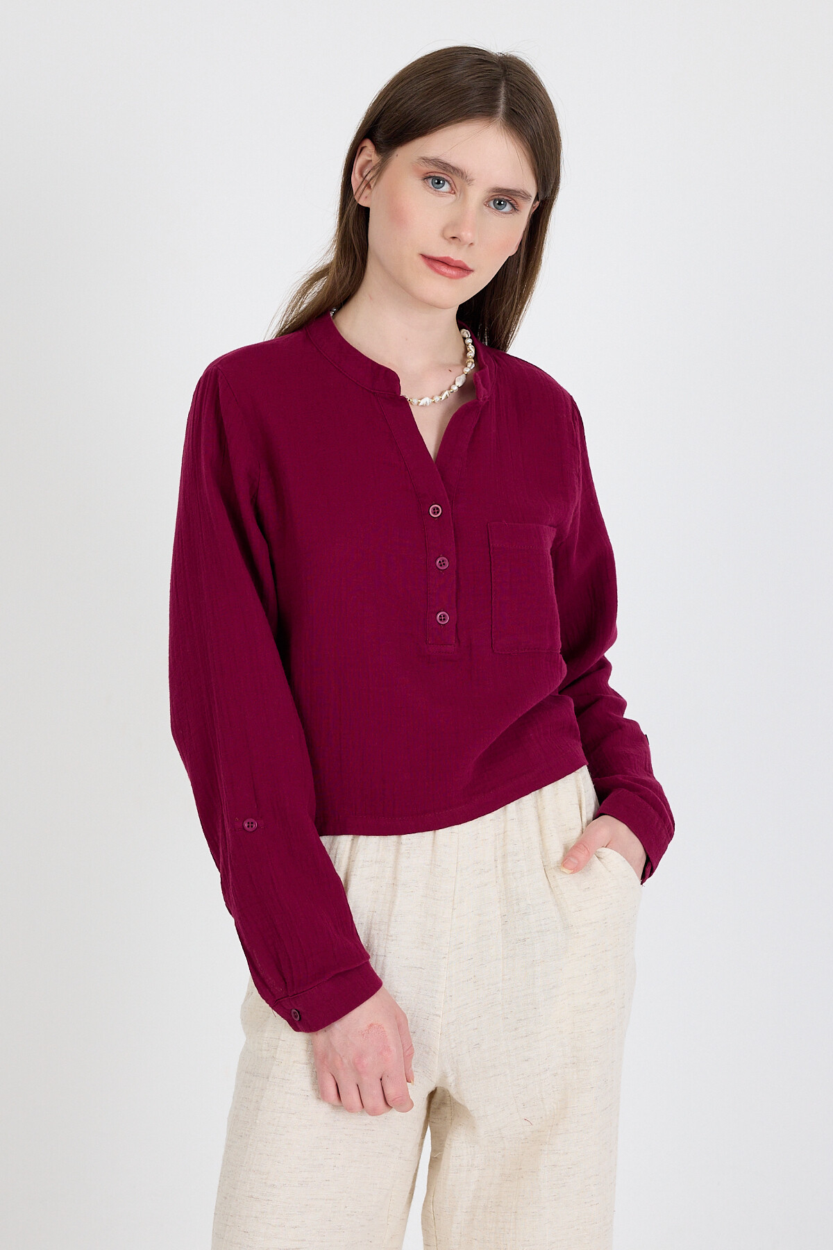 Bordo %100 Pamuk Keten Görünümlü Hakim Yaka Crop Gömlek 4702A - 7