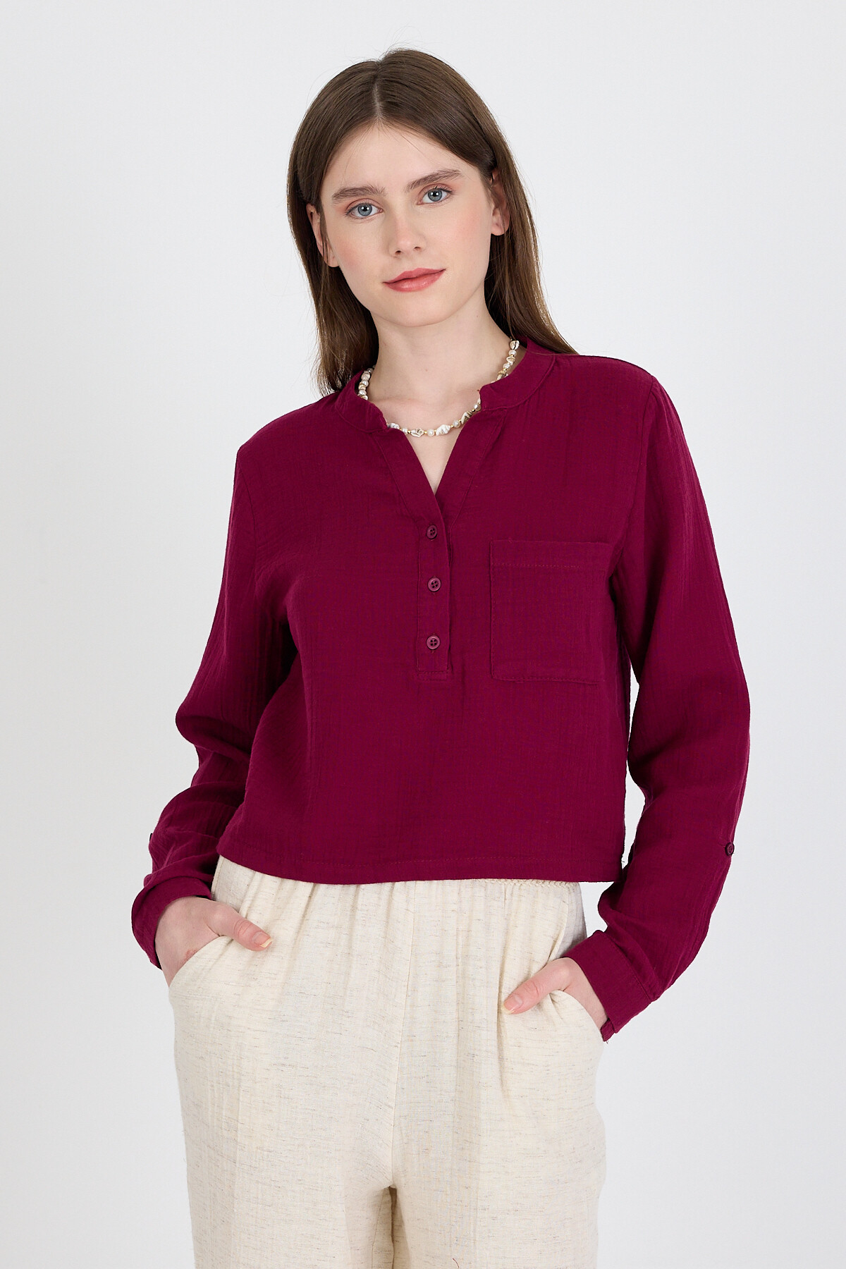 Bordo %100 Pamuk Keten Görünümlü Hakim Yaka Crop Gömlek 4702A - 1