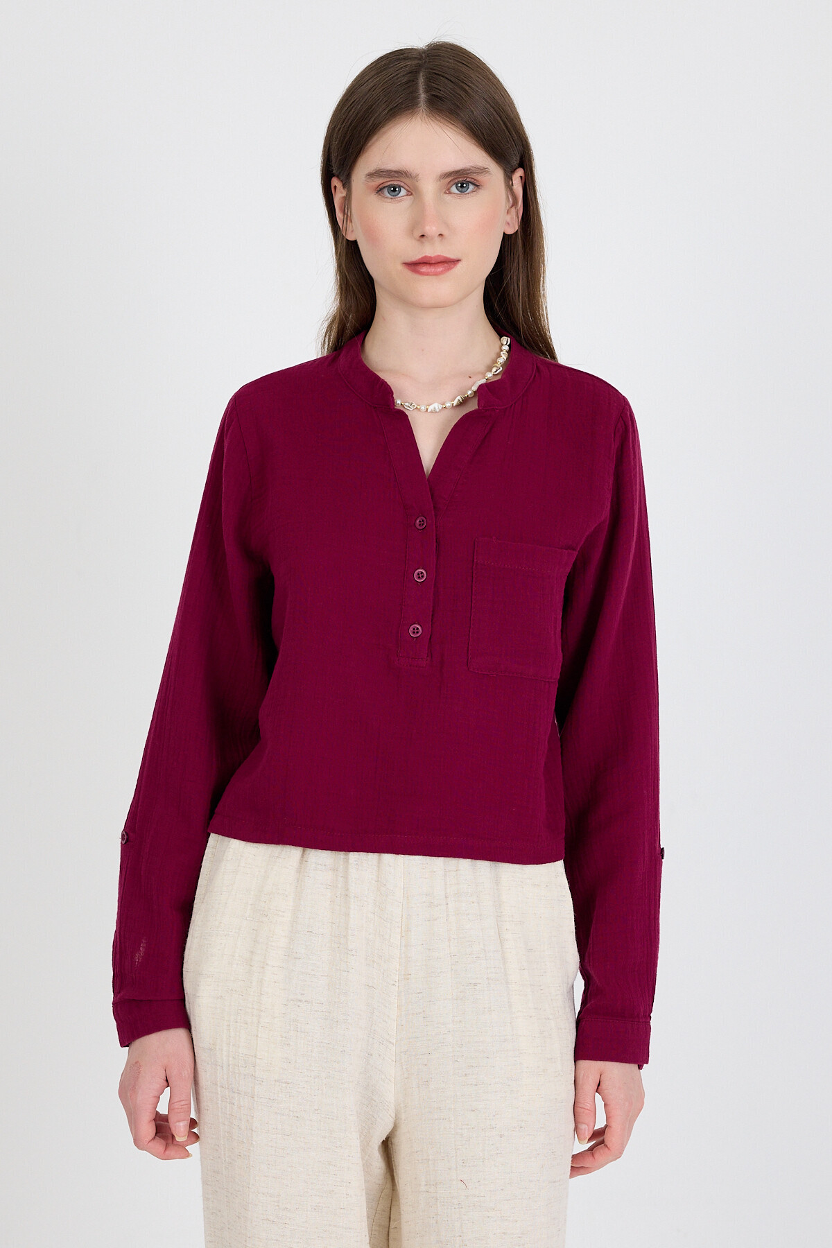 Bordo %100 Pamuk Keten Görünümlü Hakim Yaka Crop Gömlek 4702A - 6