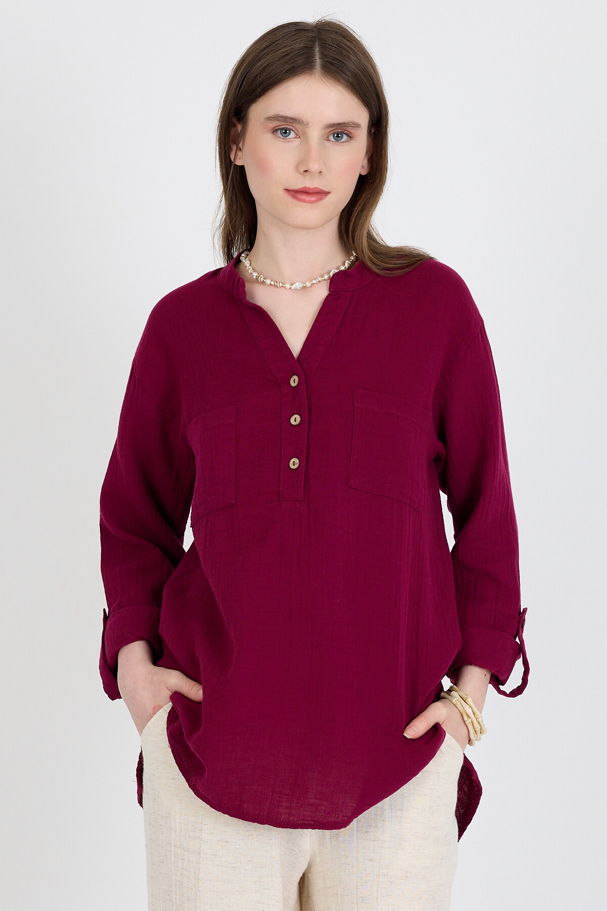 Bordo %100 Pamuk Keten Görünümlü Hakim Yaka Tunik Gömlek 4698A 