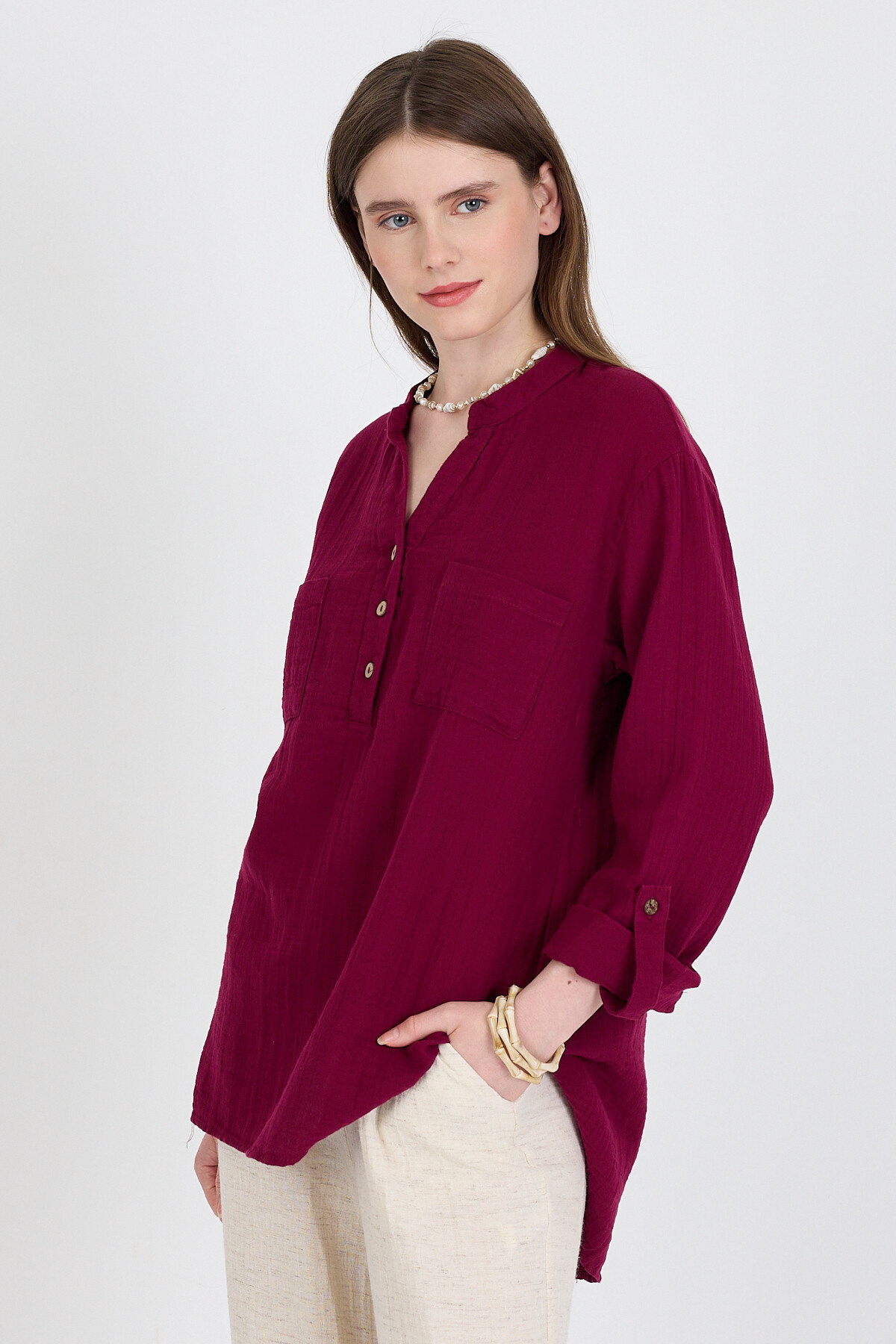 Bordo %100 Pamuk Keten Görünümlü Hakim Yaka Tunik Gömlek 4698A - 2