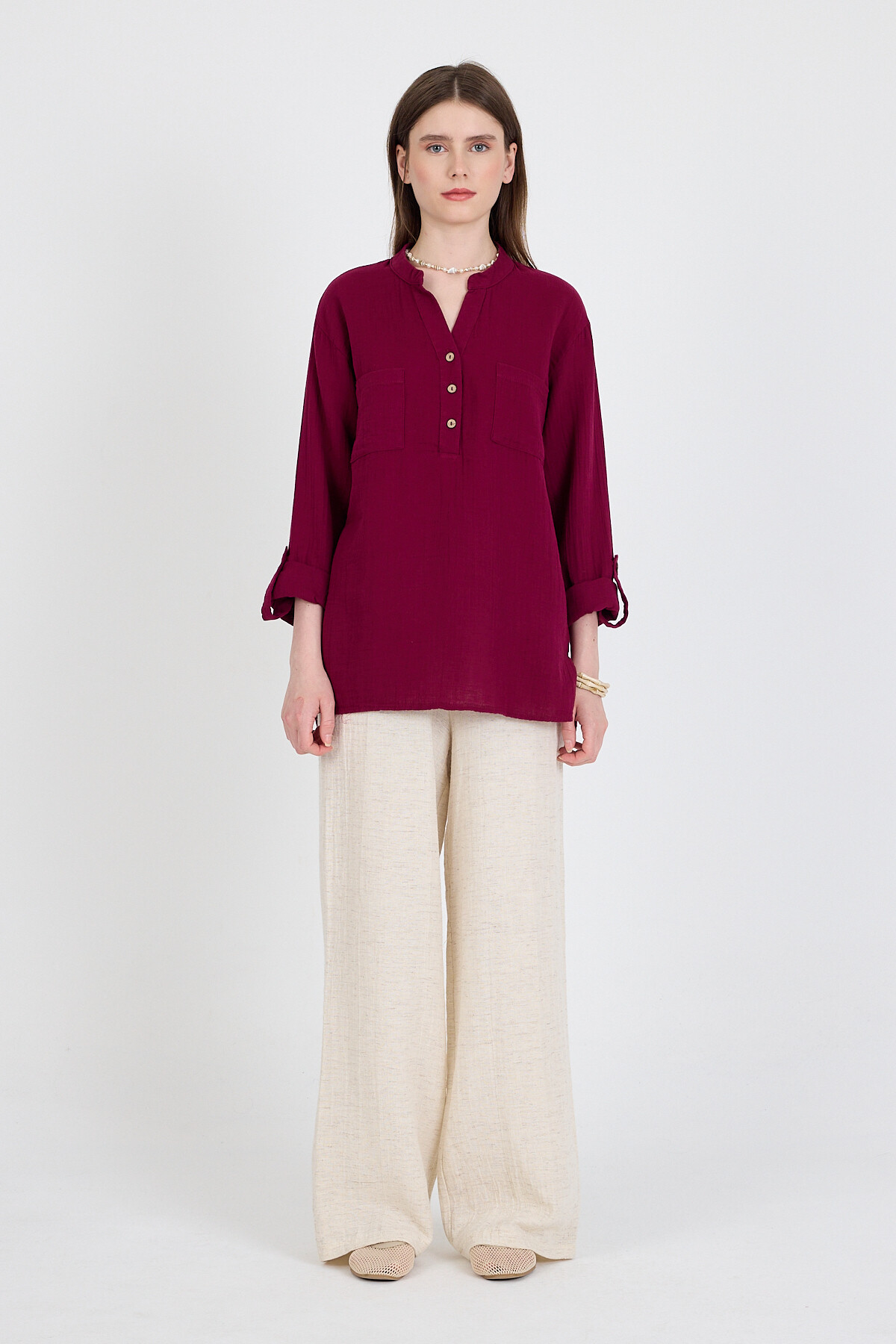 Bordo %100 Pamuk Keten Görünümlü Hakim Yaka Tunik Gömlek 4698A - 3