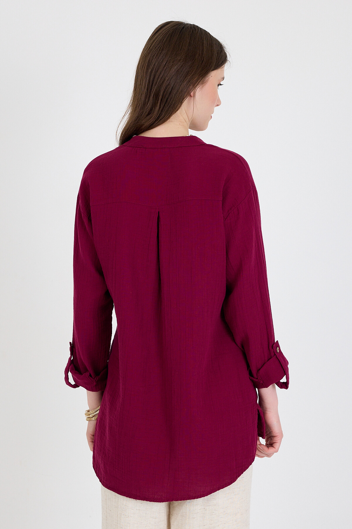 Bordo %100 Pamuk Keten Görünümlü Hakim Yaka Tunik Gömlek 4698A - 5