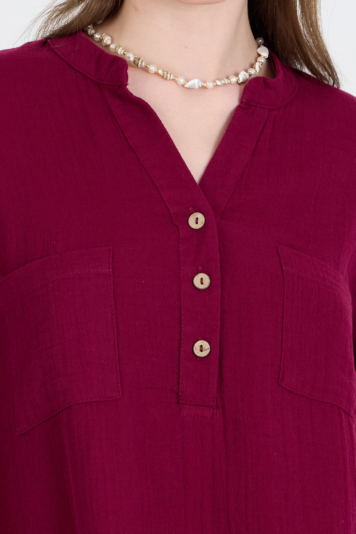 Bordo %100 Pamuk Keten Görünümlü Hakim Yaka Tunik Gömlek 4698A - 4