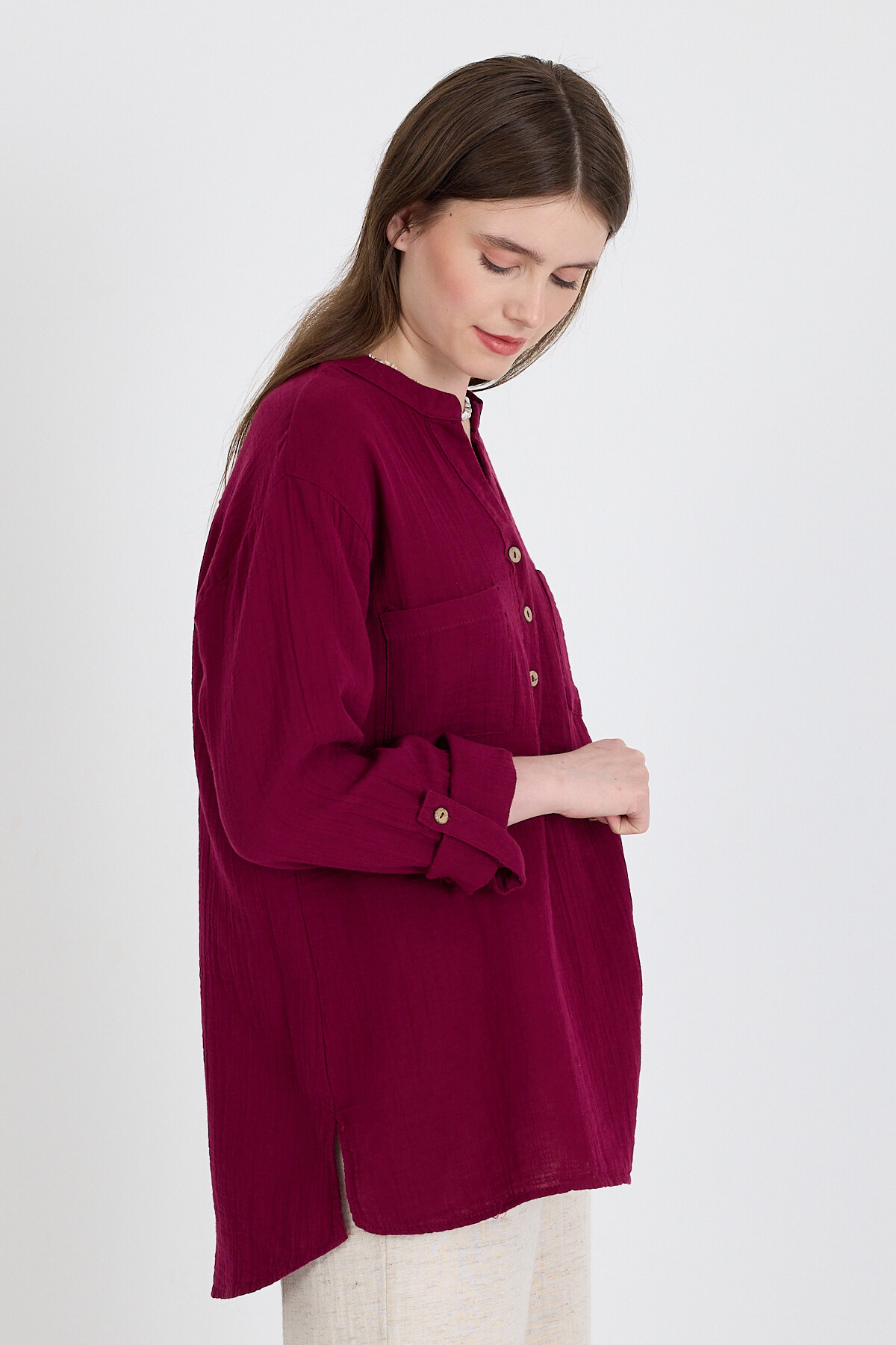 Bordo %100 Pamuk Keten Görünümlü Hakim Yaka Tunik Gömlek 4698A - 6
