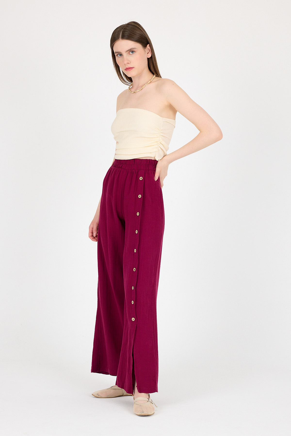 Bordo %100 Pamuk Müslin Yanı Düğmeli Yırtmaçlı Geniş Paça Pantolon 4704A - 6