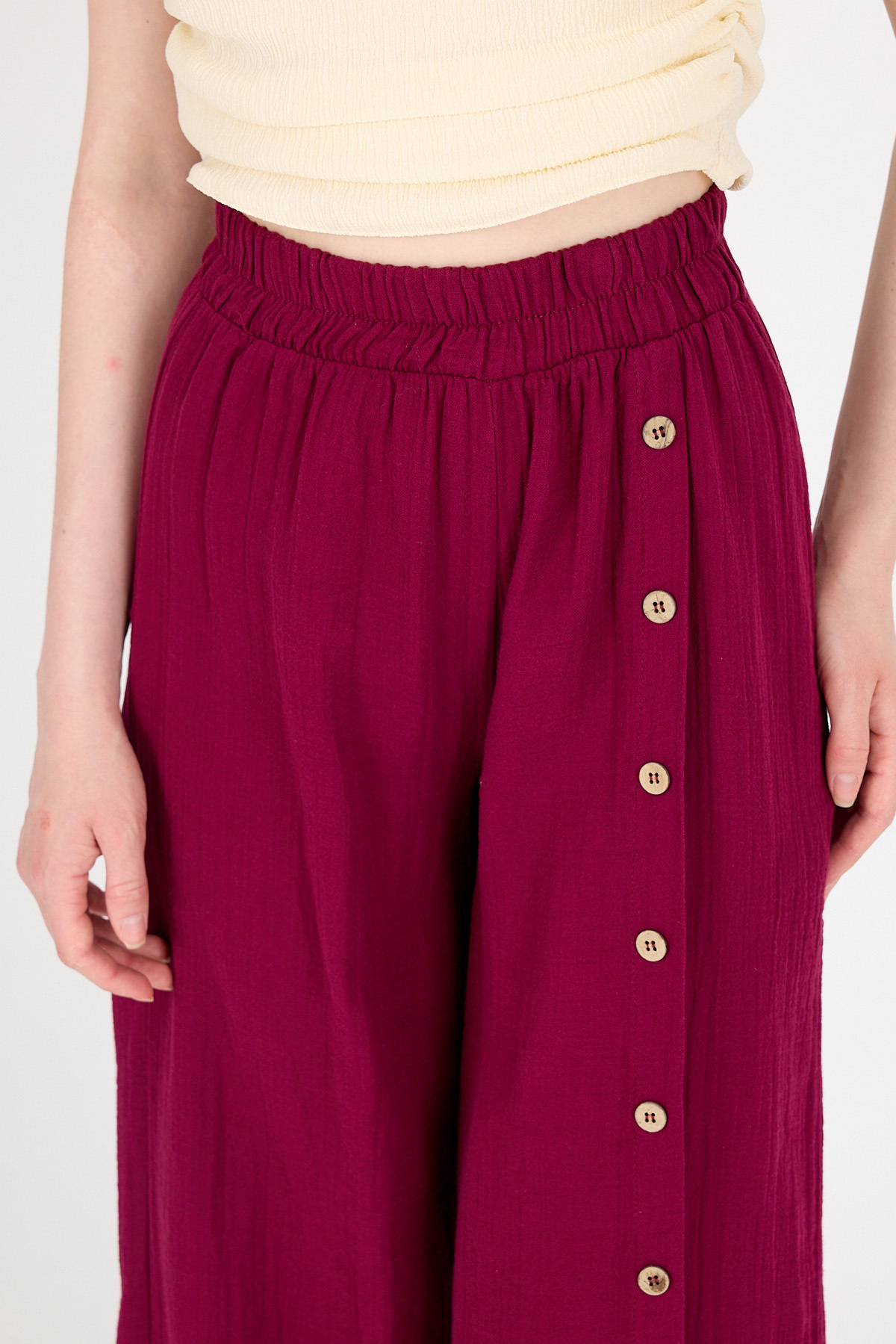 Bordo %100 Pamuk Müslin Yanı Düğmeli Yırtmaçlı Geniş Paça Pantolon 4704A - RAYS