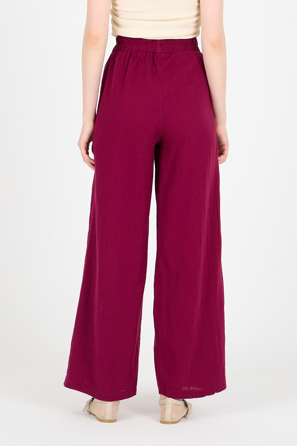 Bordo %100 Pamuk Müslin Yanı Düğmeli Yırtmaçlı Geniş Paça Pantolon 4704A - 5