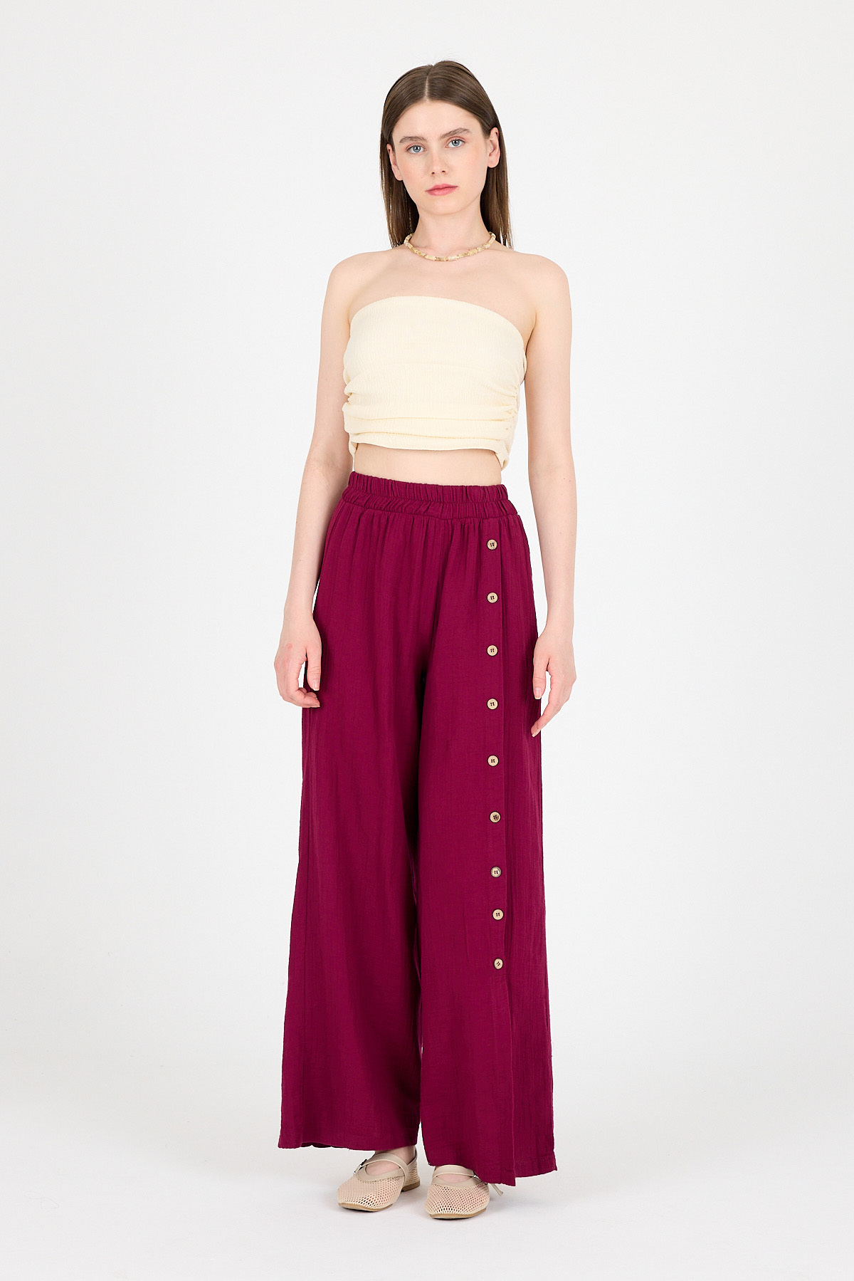 Bordo %100 Pamuk Müslin Yanı Düğmeli Yırtmaçlı Geniş Paça Pantolon 4704A - 1