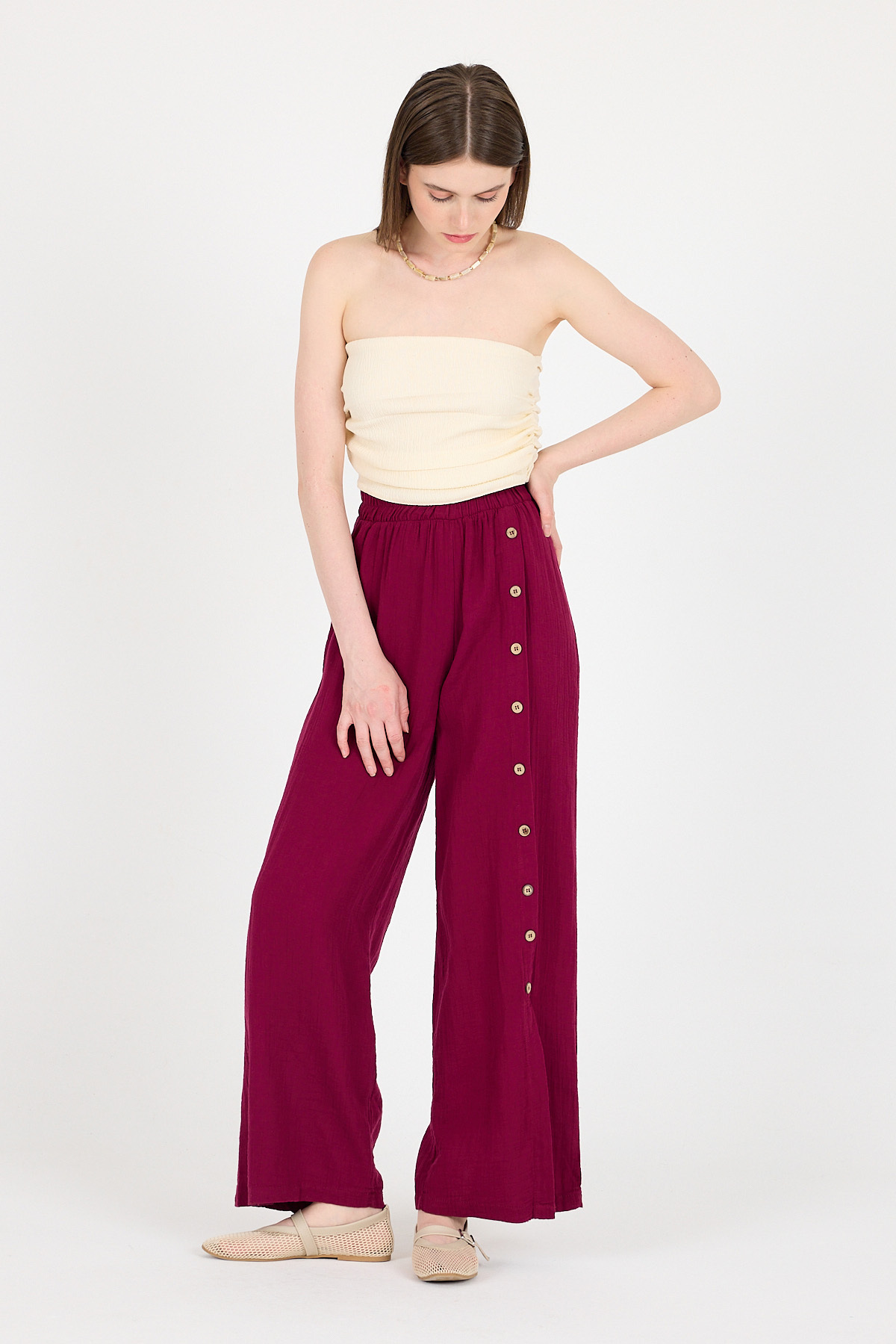 Bordo %100 Pamuk Müslin Yanı Düğmeli Yırtmaçlı Geniş Paça Pantolon 4704A - 3