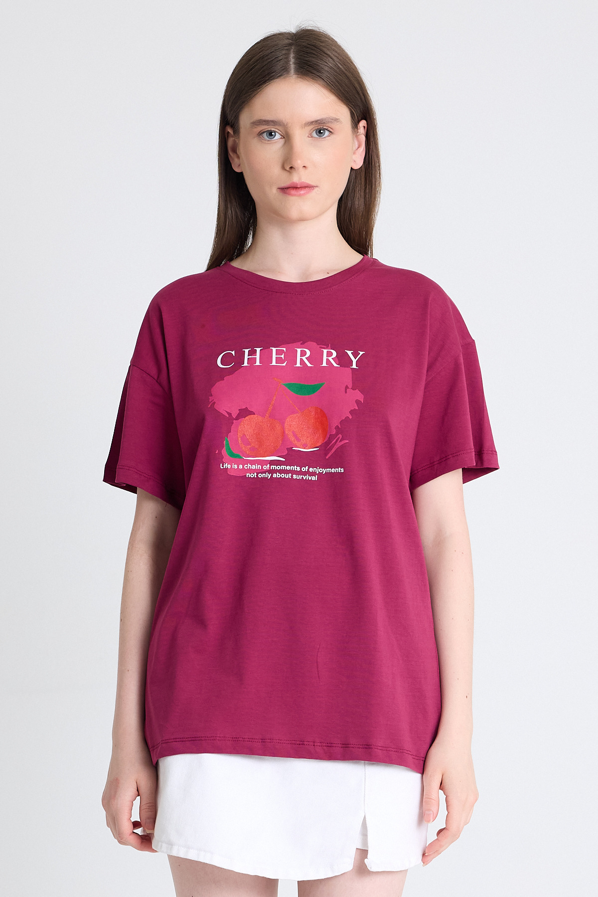 Bordo %100 Pamuk Yazı Baskılı Tişört 2150-15M - RAYS