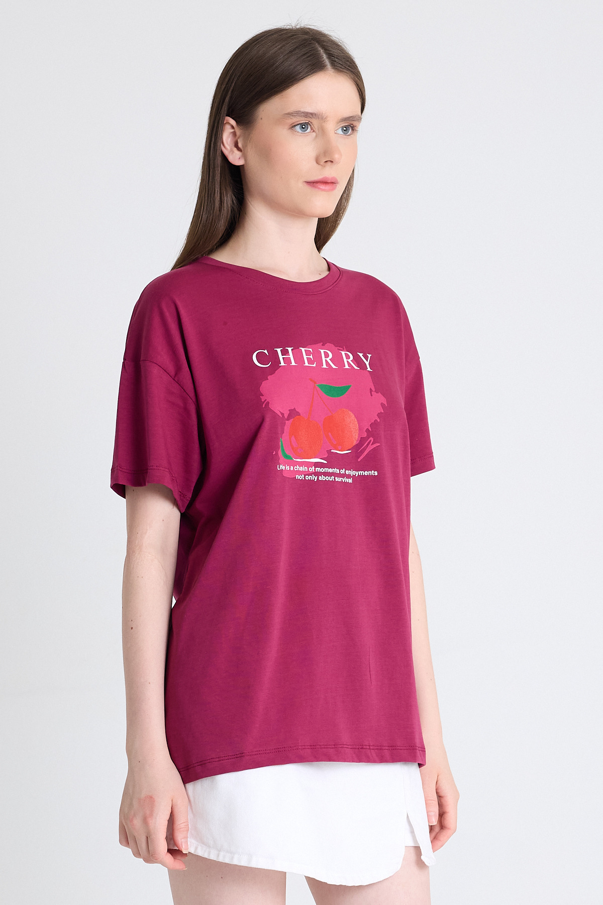 Bordo %100 Pamuk Yazı Baskılı Tişört 2150-15M - 3