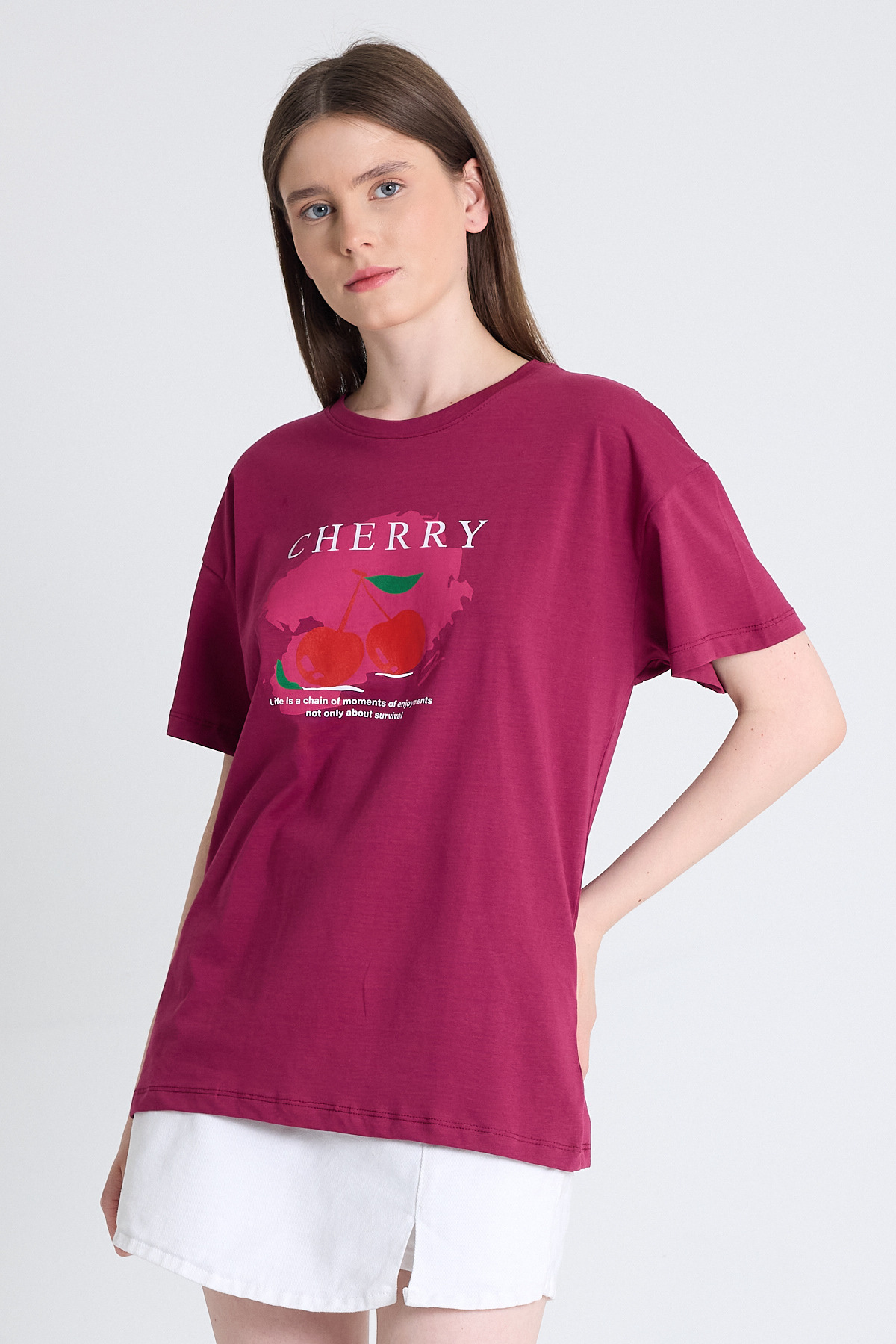 Bordo %100 Pamuk Yazı Baskılı Tişört 2150-15M - 1