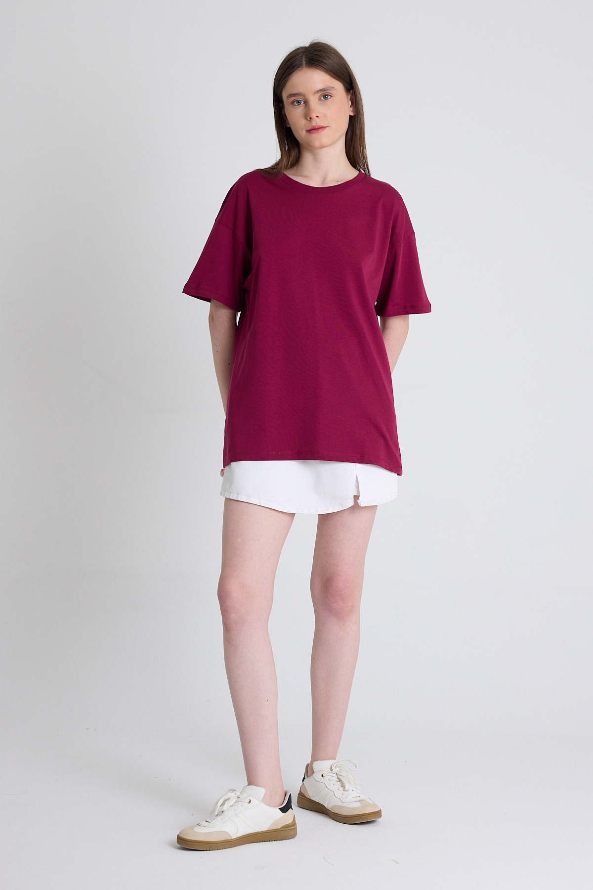 Bordo Arka Yazı Baskılı Kalpli %100 Pamuk Oversize Tişört 2150-33M - RAYS