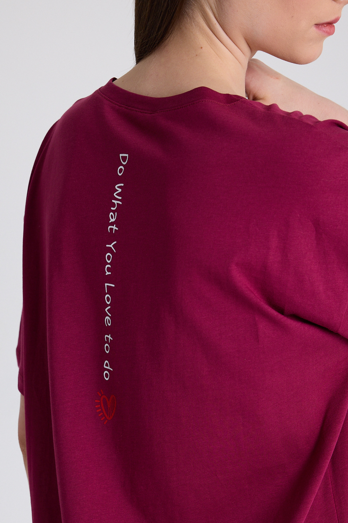 Bordo Arka Yazı Baskılı Kalpli %100 Pamuk Oversize Tişört 2150-33M - RAYS