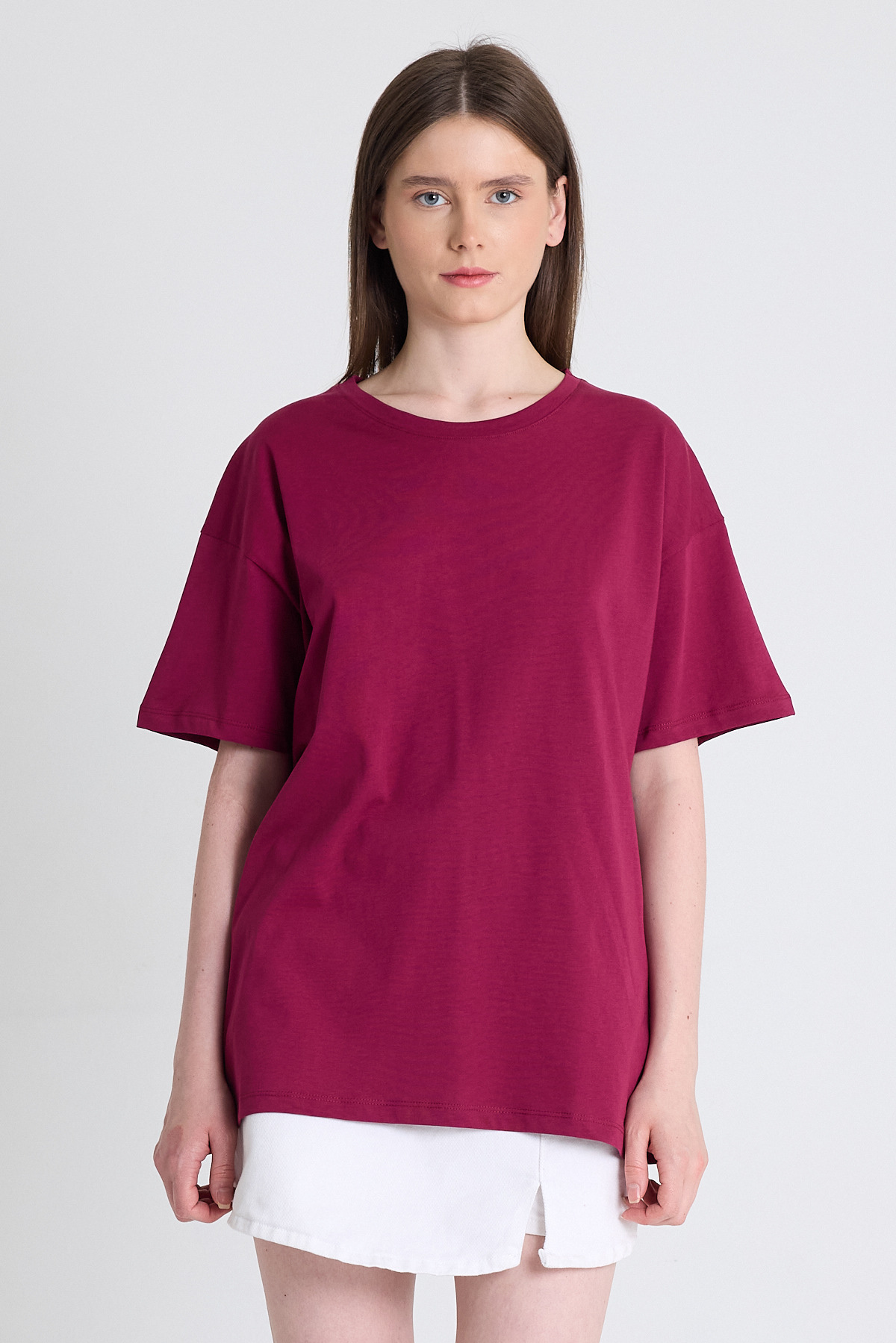 Bordo Arka Yazı Baskılı Kalpli %100 Pamuk Oversize Tişört 2150-33M 