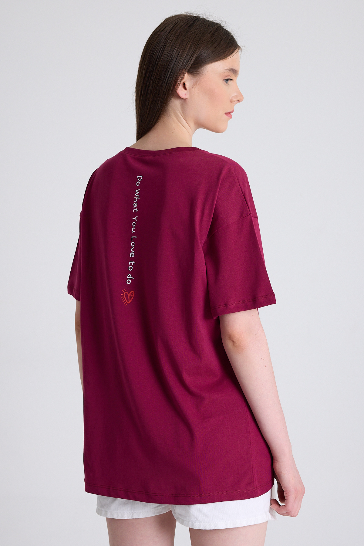Bordo Arka Yazı Baskılı Kalpli %100 Pamuk Oversize Tişört 2150-33M - 6