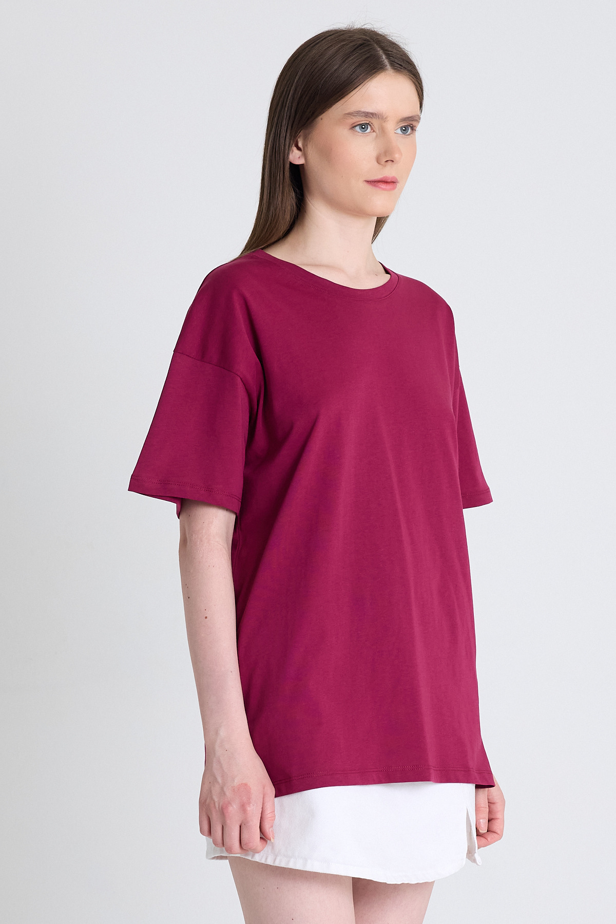 Bordo Arka Yazı Baskılı Kalpli %100 Pamuk Oversize Tişört 2150-33M - 2