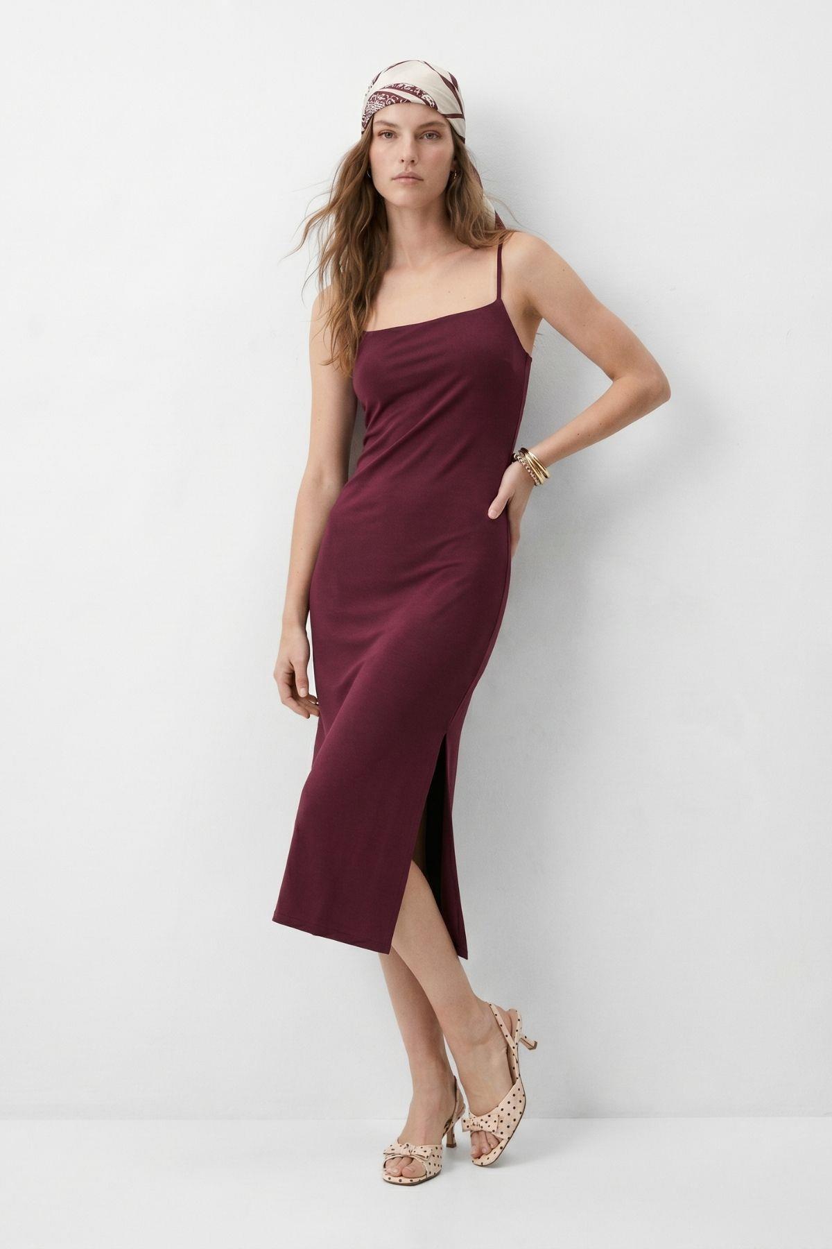 Askılı Midi Boy Elbise 3661 Bordo - RAYS