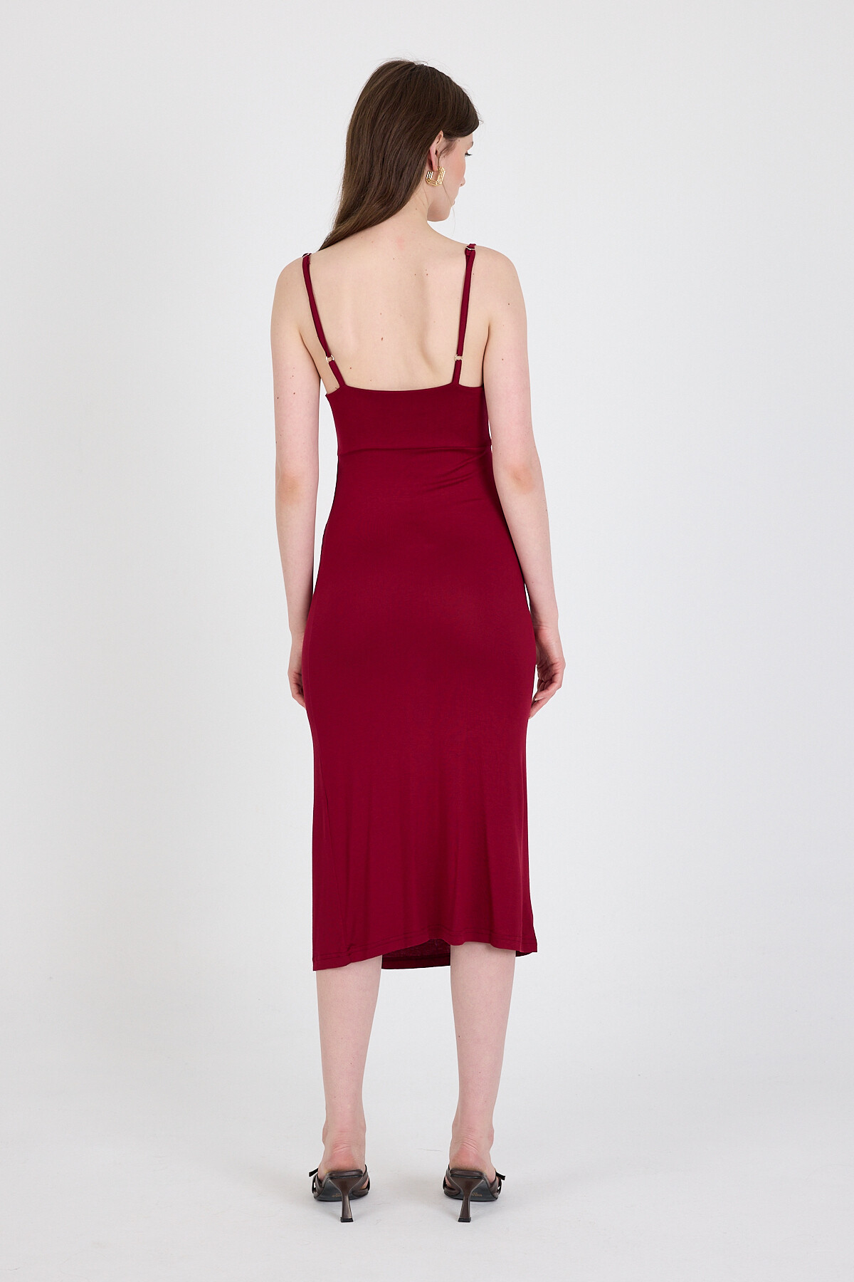 Bordo Askılı Yırtmaçlı Drape Detaylı Dokuma Elbise 21003 - 5