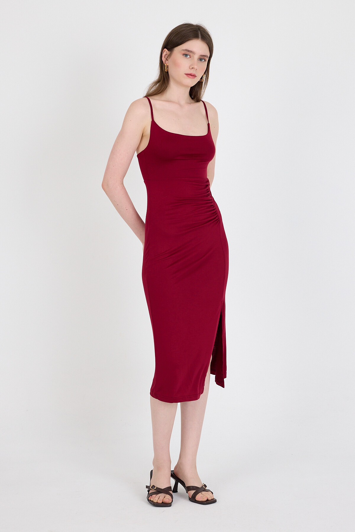 Bordo Askılı Yırtmaçlı Drape Detaylı Dokuma Elbise 21003 - 6