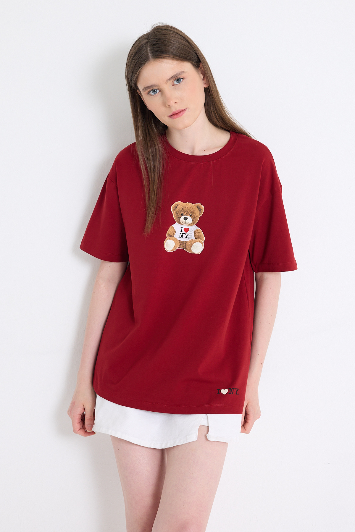 Bordo Ayı Baskılı Oversize Tişört 6402 
