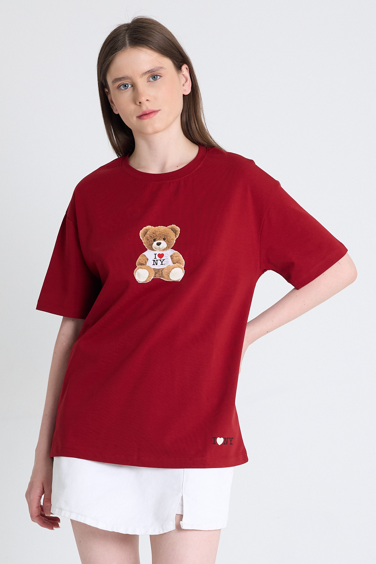 Bordo Ayı Baskılı Oversize Tişört 6402 - 2