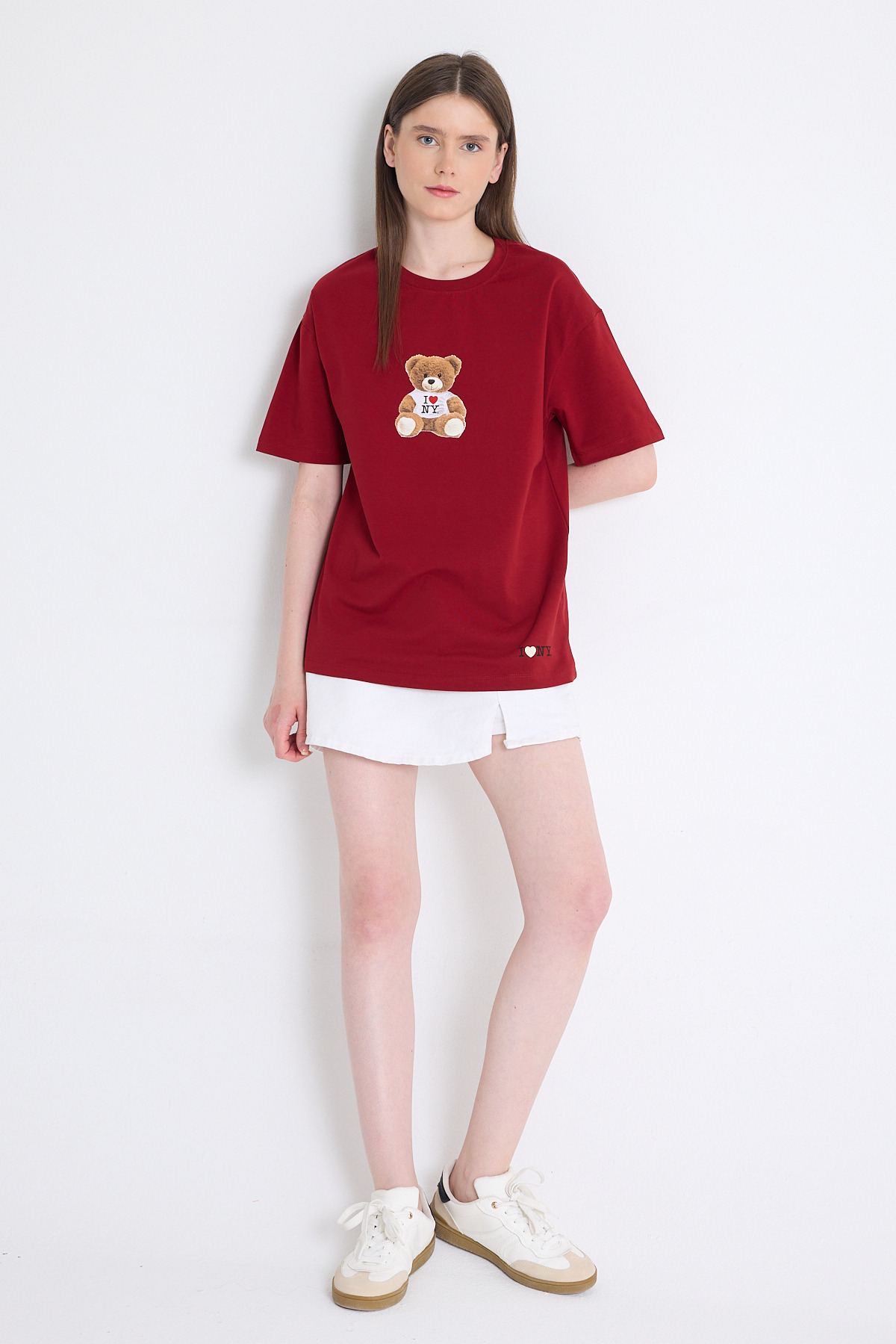 Bordo Ayı Baskılı Oversize Tişört 6402 - 3