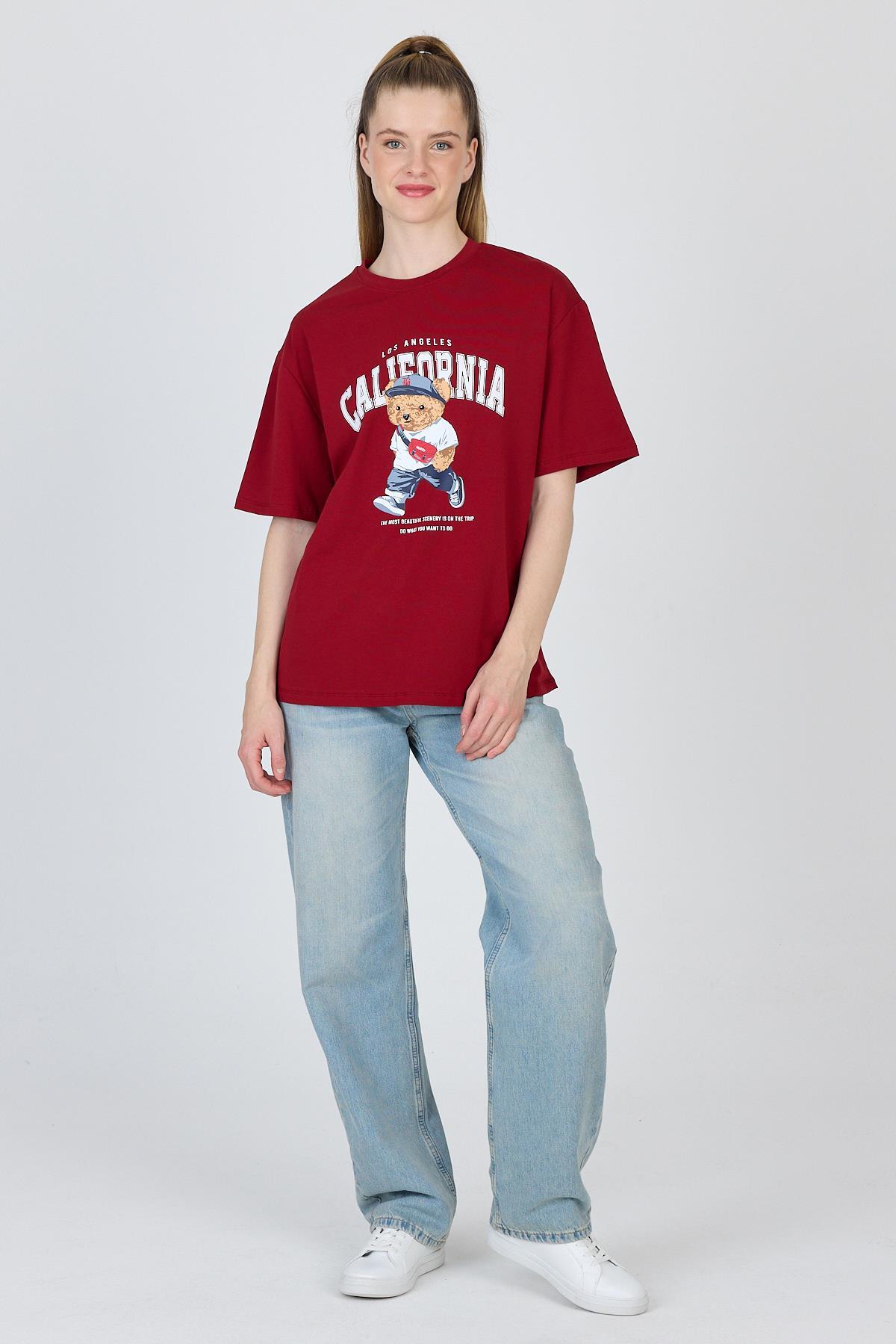Bordo Ayı Baskılı Oversize Tişört 6559 - 3