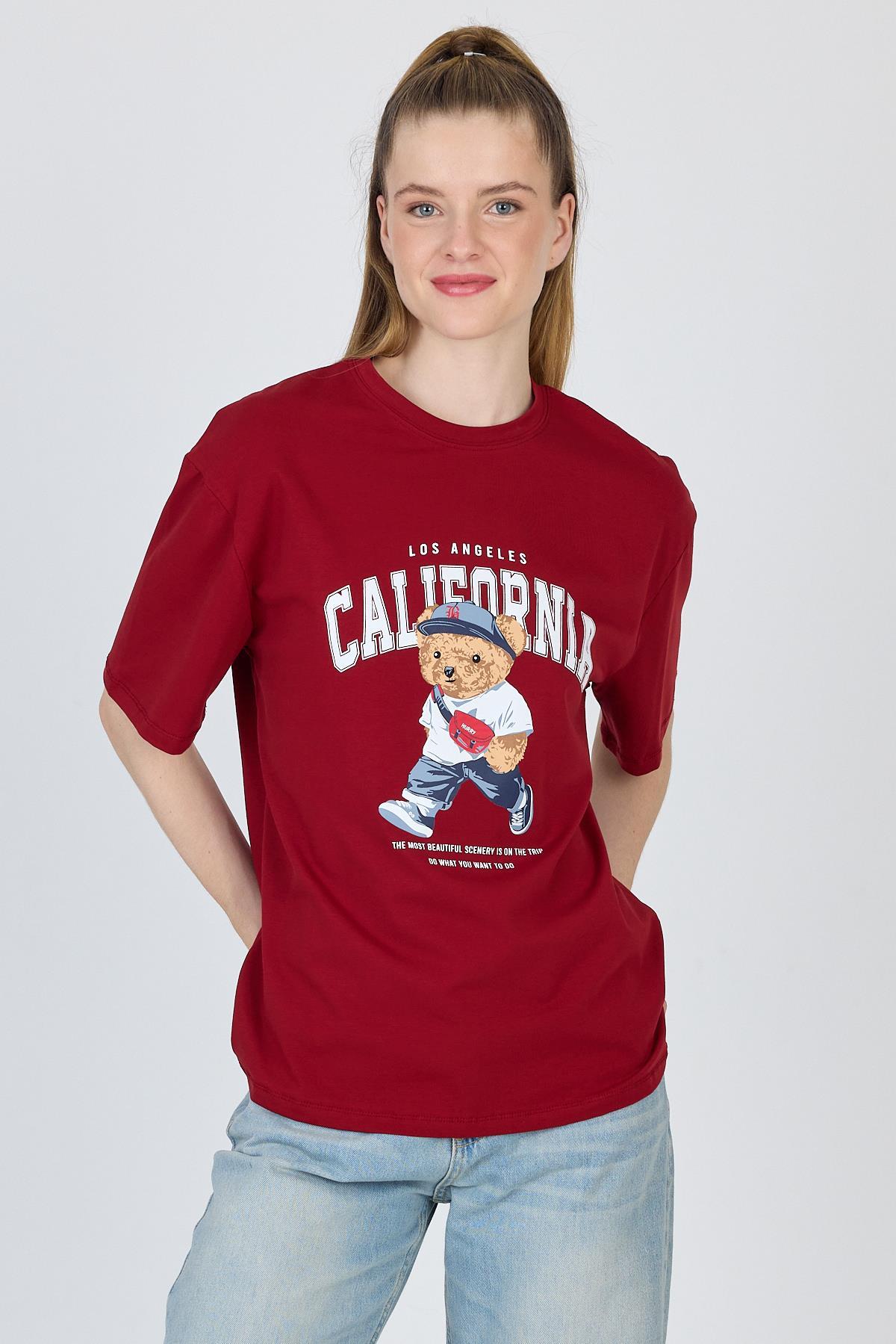 Bordo Ayı Baskılı Oversize Tişört 6559 - RAYS