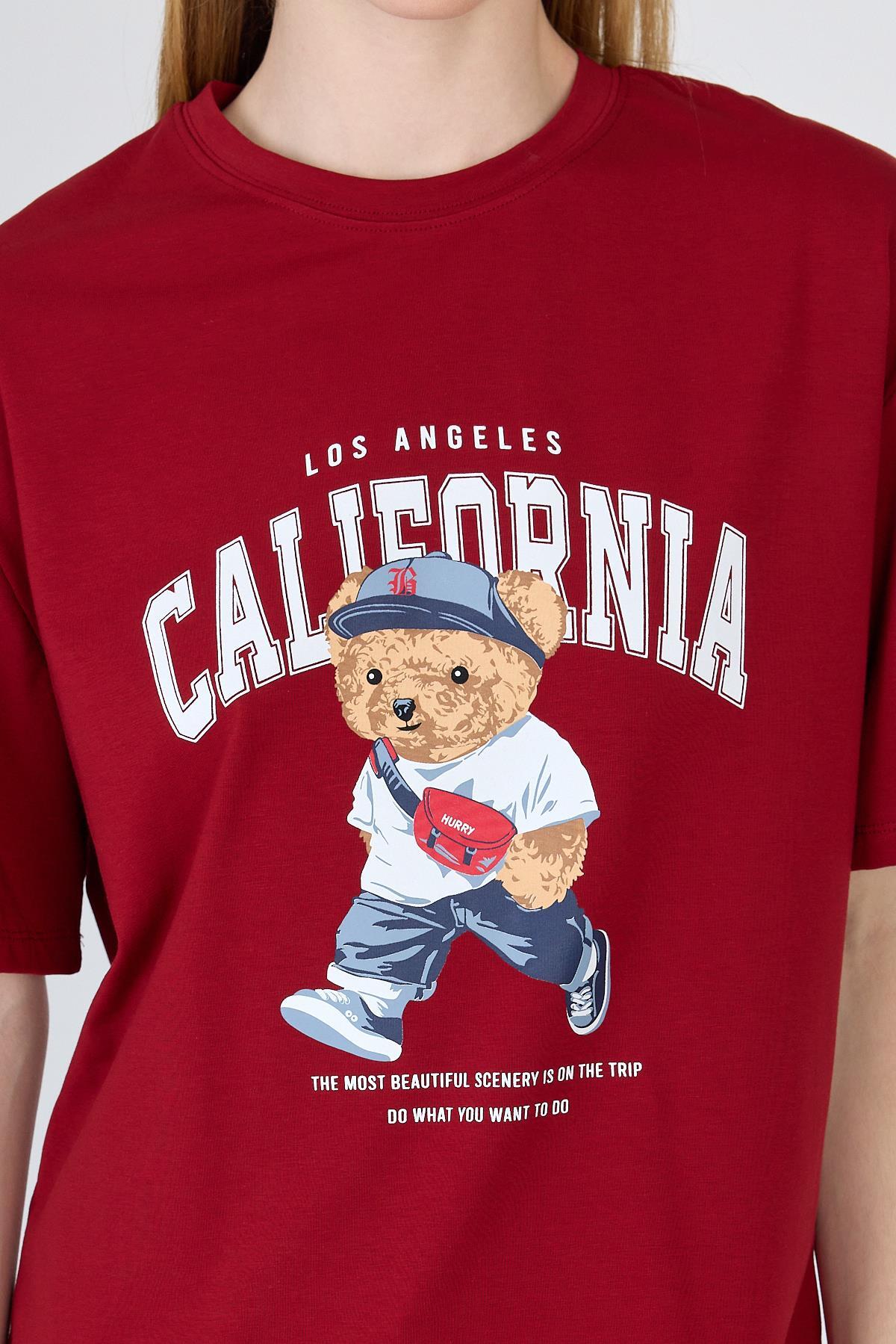 Bordo Ayı Baskılı Oversize Tişört 6559 - 4