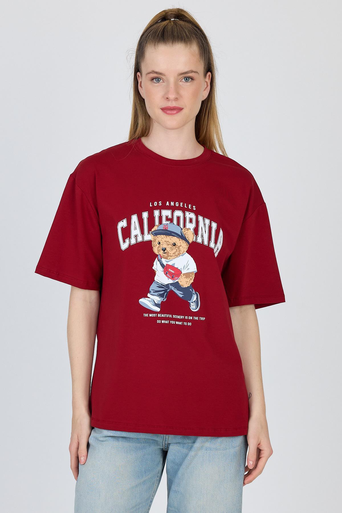 Bordo Ayı Baskılı Oversize Tişört 6559 - 6