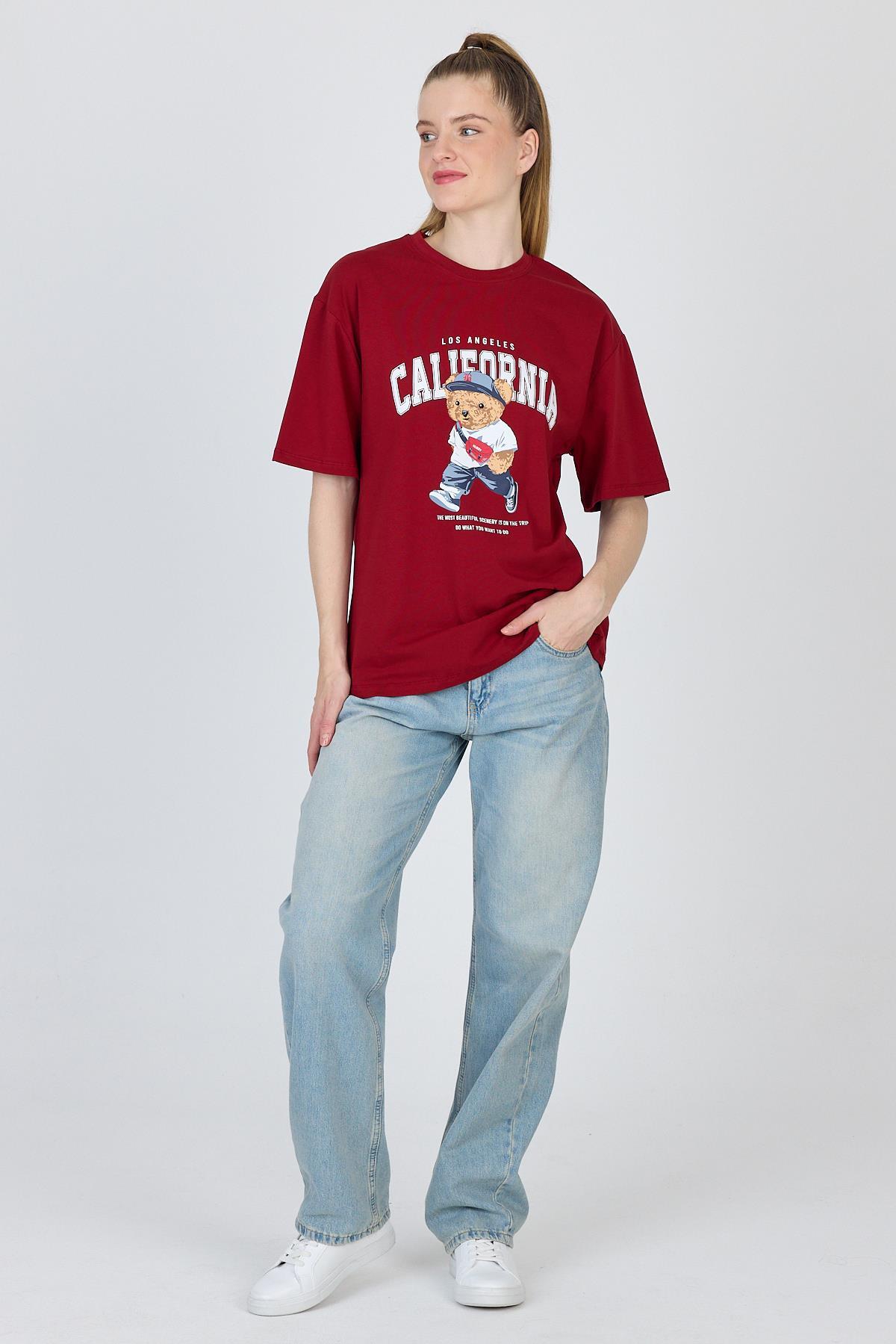 Bordo Ayı Baskılı Oversize Tişört 6559 - 8
