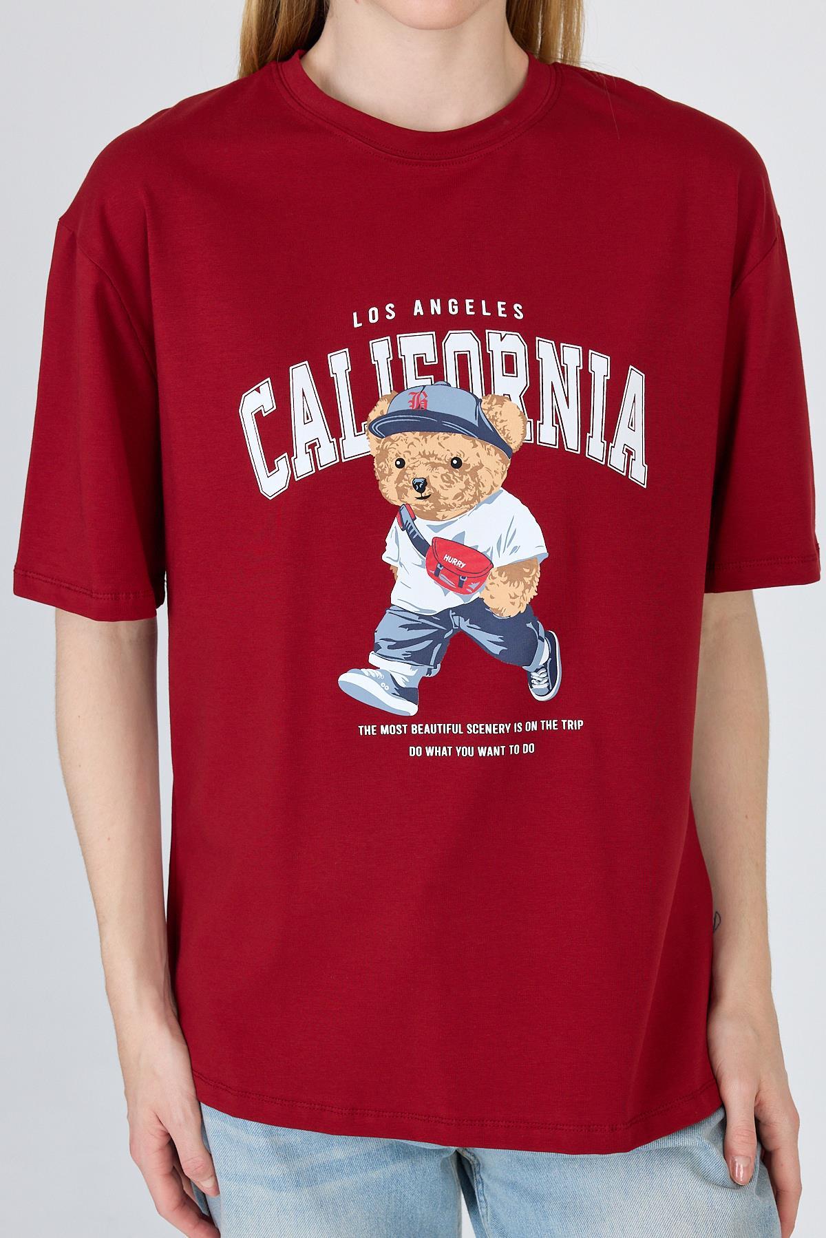 Bordo Ayı Baskılı Oversize Tişört 6559 - 7