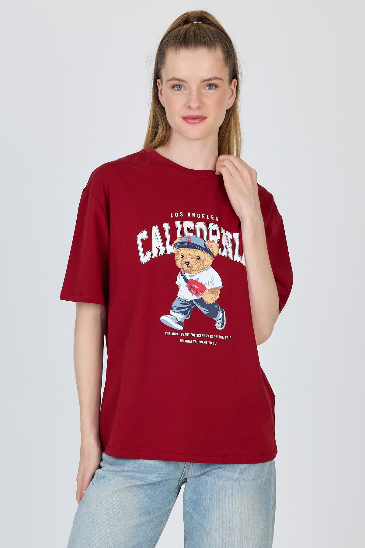 Bordo Ayı Baskılı Oversize Tişört 6559 