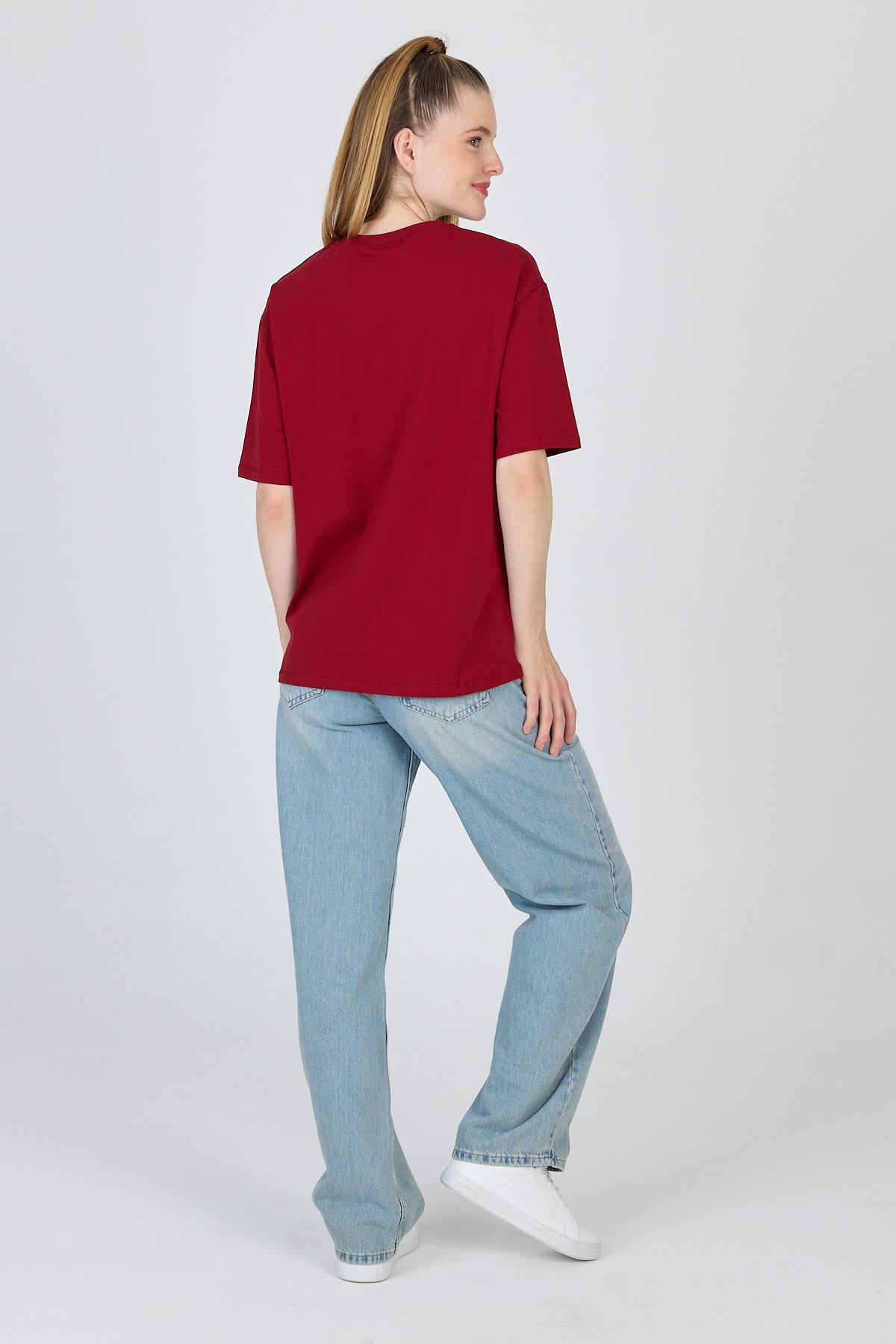 Bordo Ayı Baskılı Oversize Tişört 6559 - 5