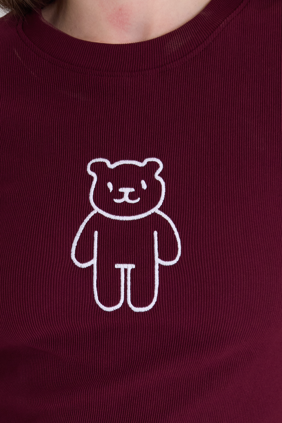 Bordo Ayıcık İşlemeli Slim Fit Crop Tişört 2217 - RAYS