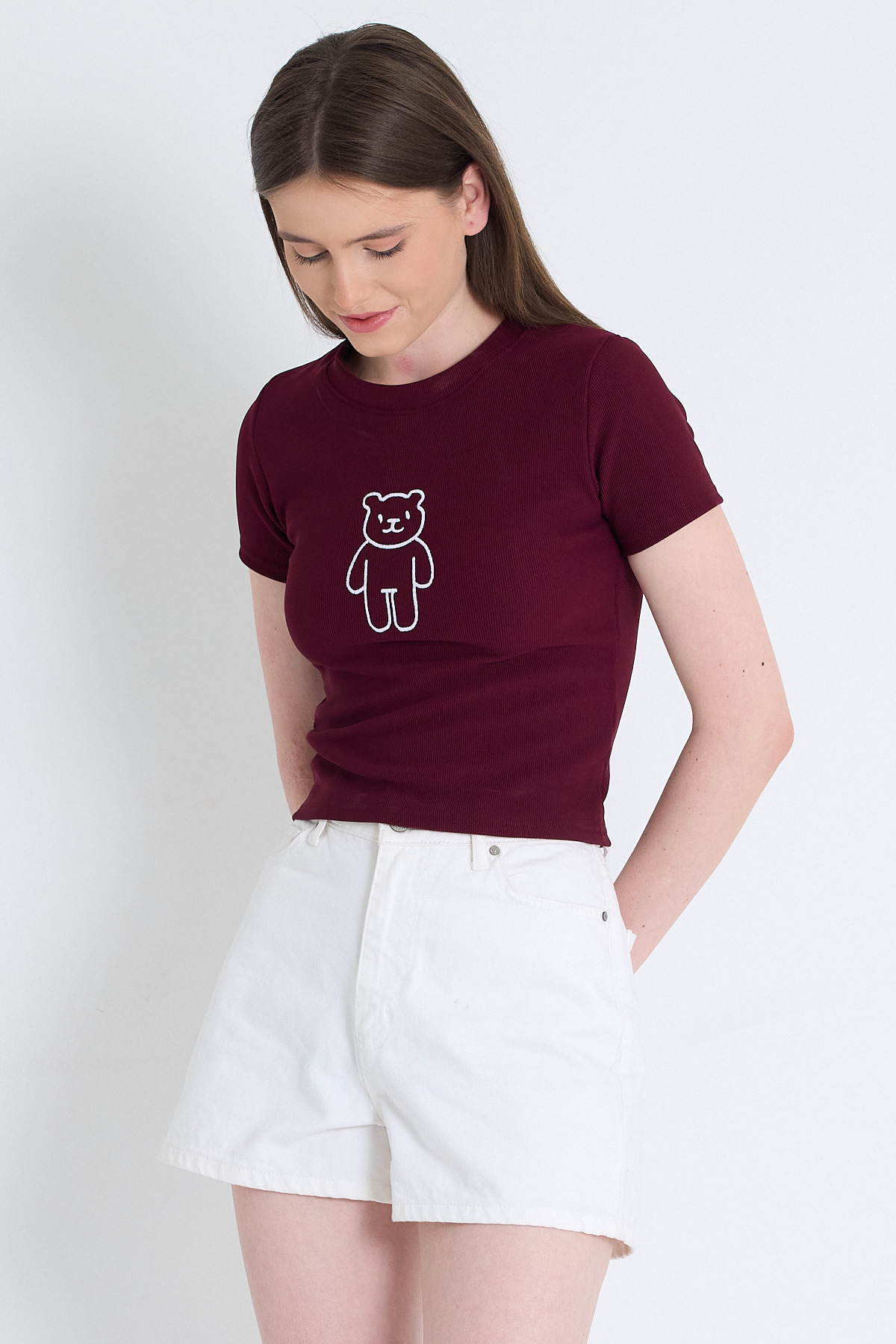 Bordo Ayıcık İşlemeli Slim Fit Crop Tişört 2217 - 2