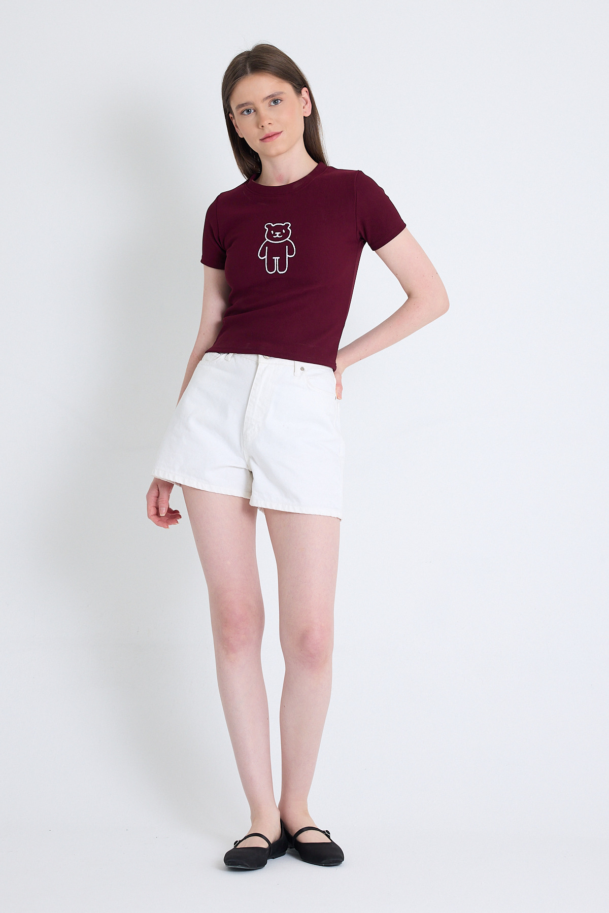 Bordo Ayıcık İşlemeli Slim Fit Crop Tişört 2217 - 3