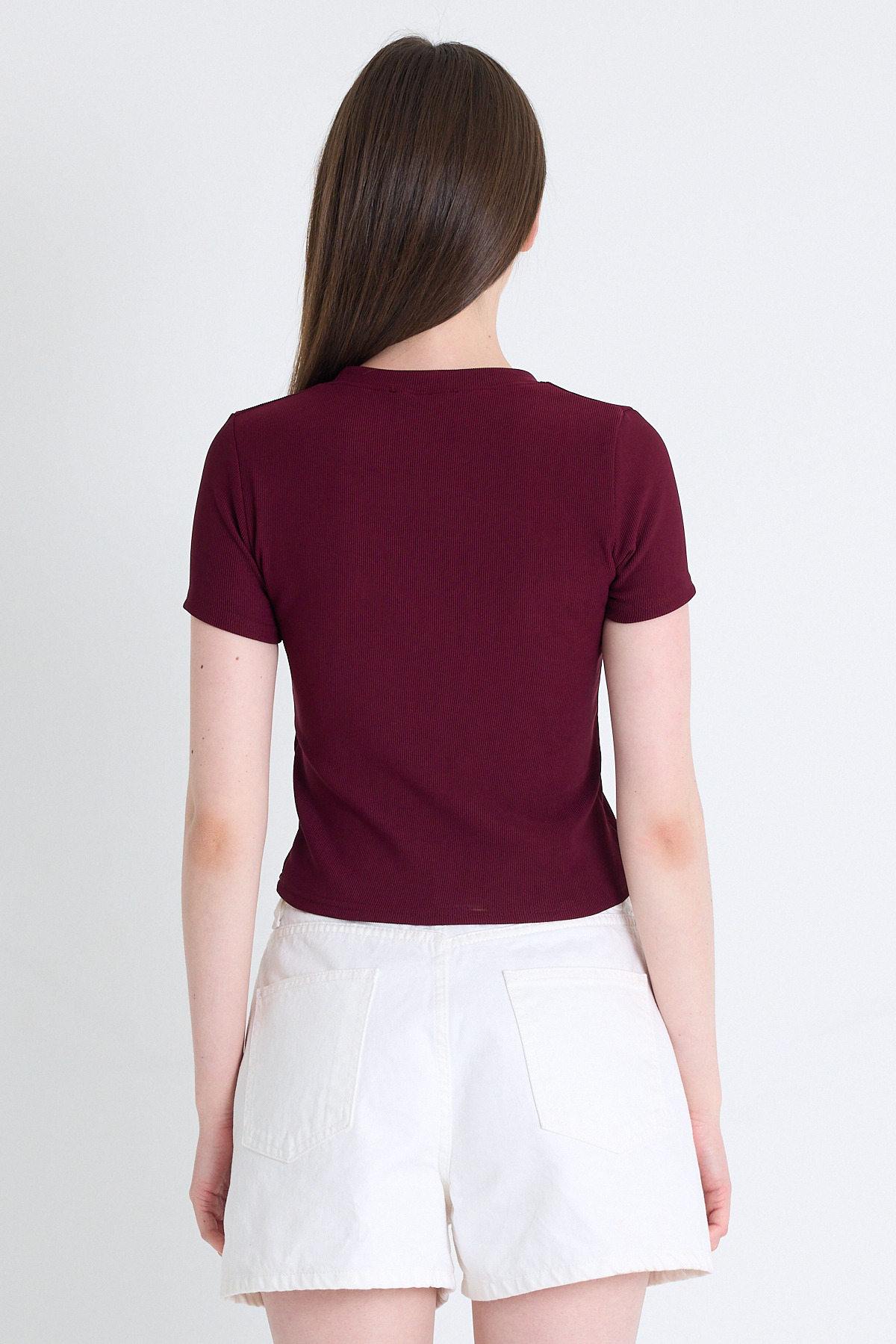 Bordo Ayıcık İşlemeli Slim Fit Crop Tişört 2217 - 5