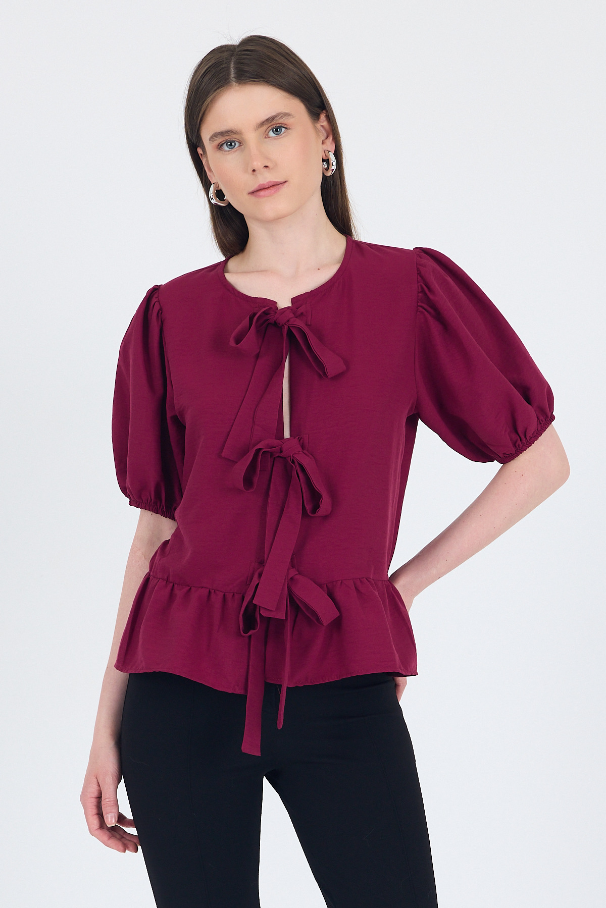 Bordo Bağlama Detaylı Balon Kollu Bluz 4334A - 1
