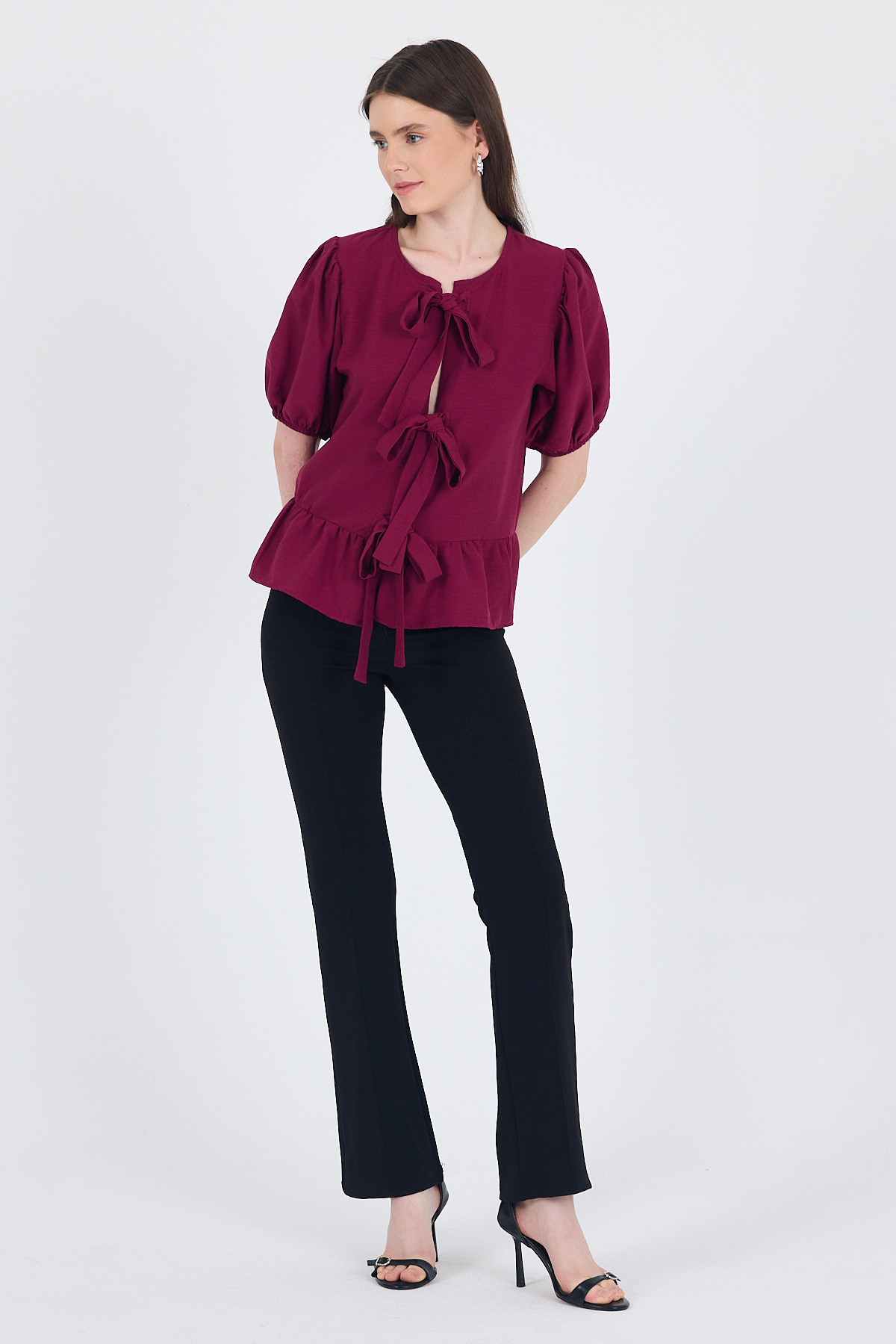 Bordo Bağlama Detaylı Balon Kollu Bluz 4334A - 3