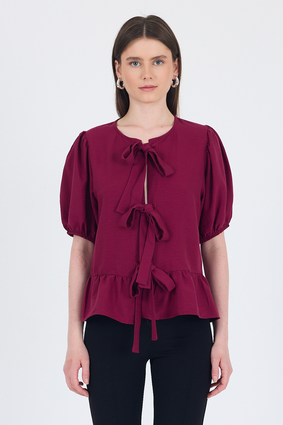 Bordo Bağlama Detaylı Balon Kollu Bluz 4334A - 2